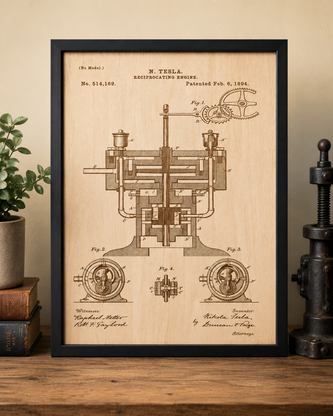 Tesla Reciprocating Engine Patent Wall Art