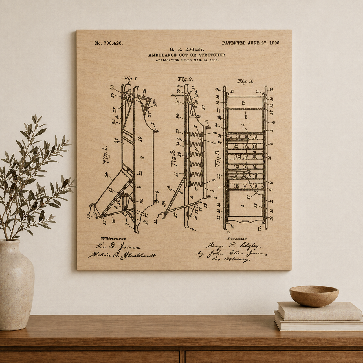 Unframed ambulance cot patent wall art for EMTs, paramedics, EMS stations, and emergency medical gifts