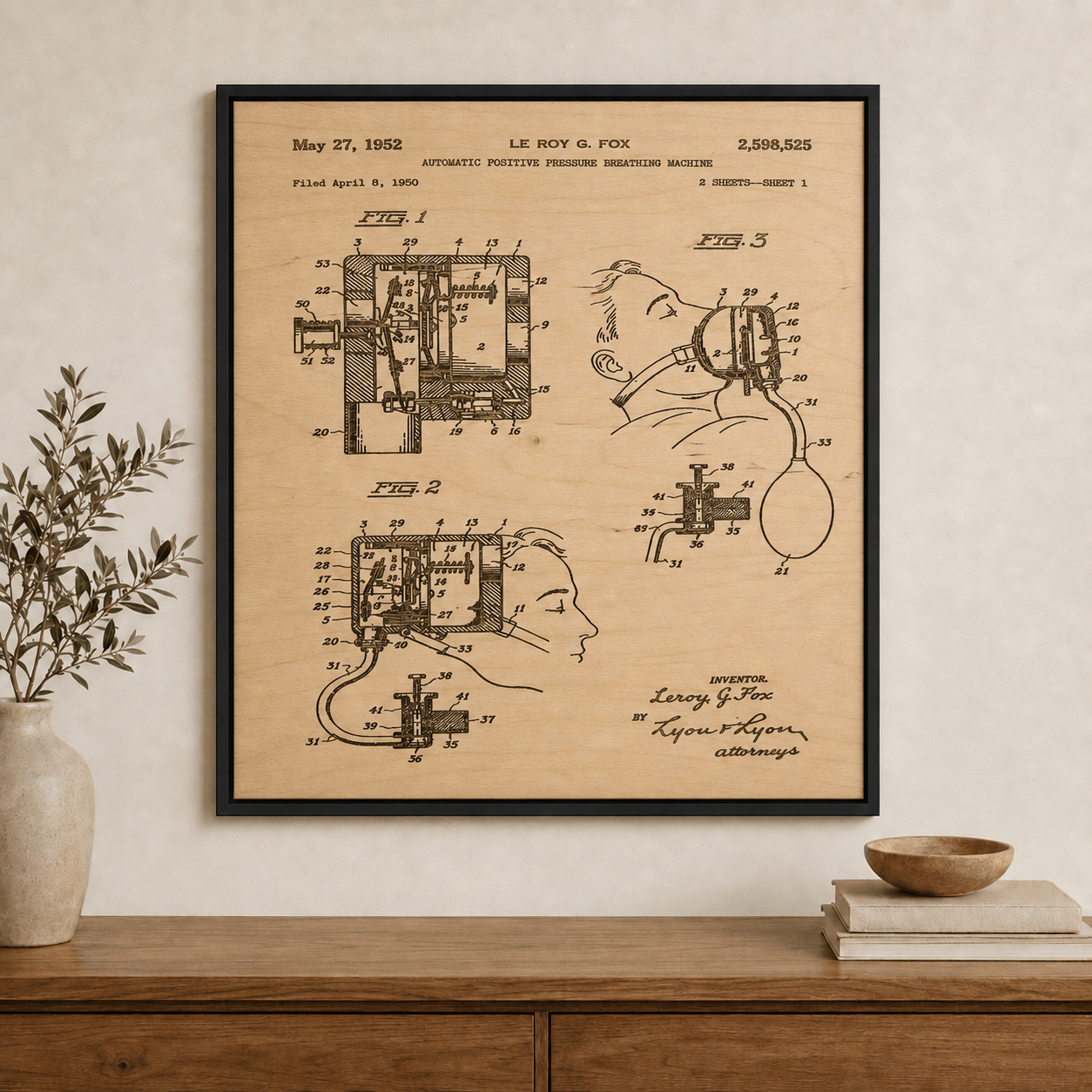 Framed positive pressure resuscitating machine patent wall art for EMS, paramedic, and emergency medical gifts