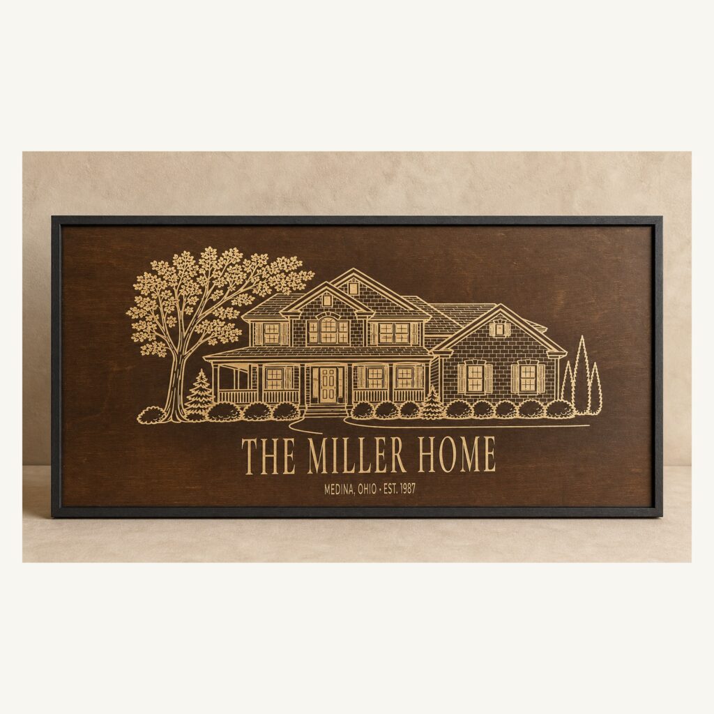 Custom engraved house portrait plaque made from a home photo
