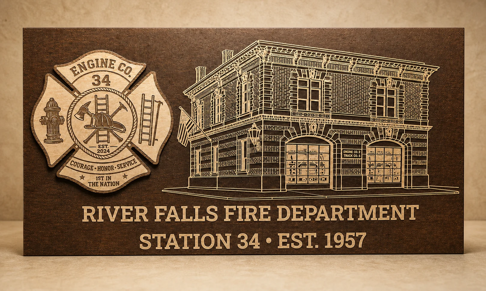 Custom fire station plaque with raised department patch and engraved River Falls Fire Department station artwork