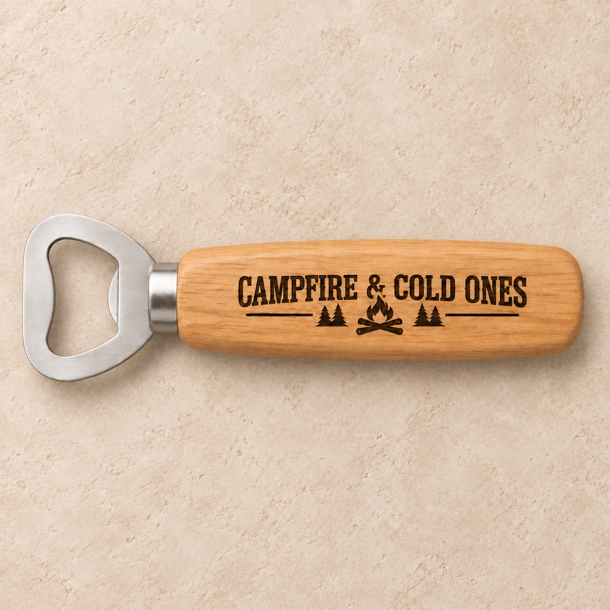 Campfire and Cold Ones engraved bottle opener gift from 55-7 Custom Works