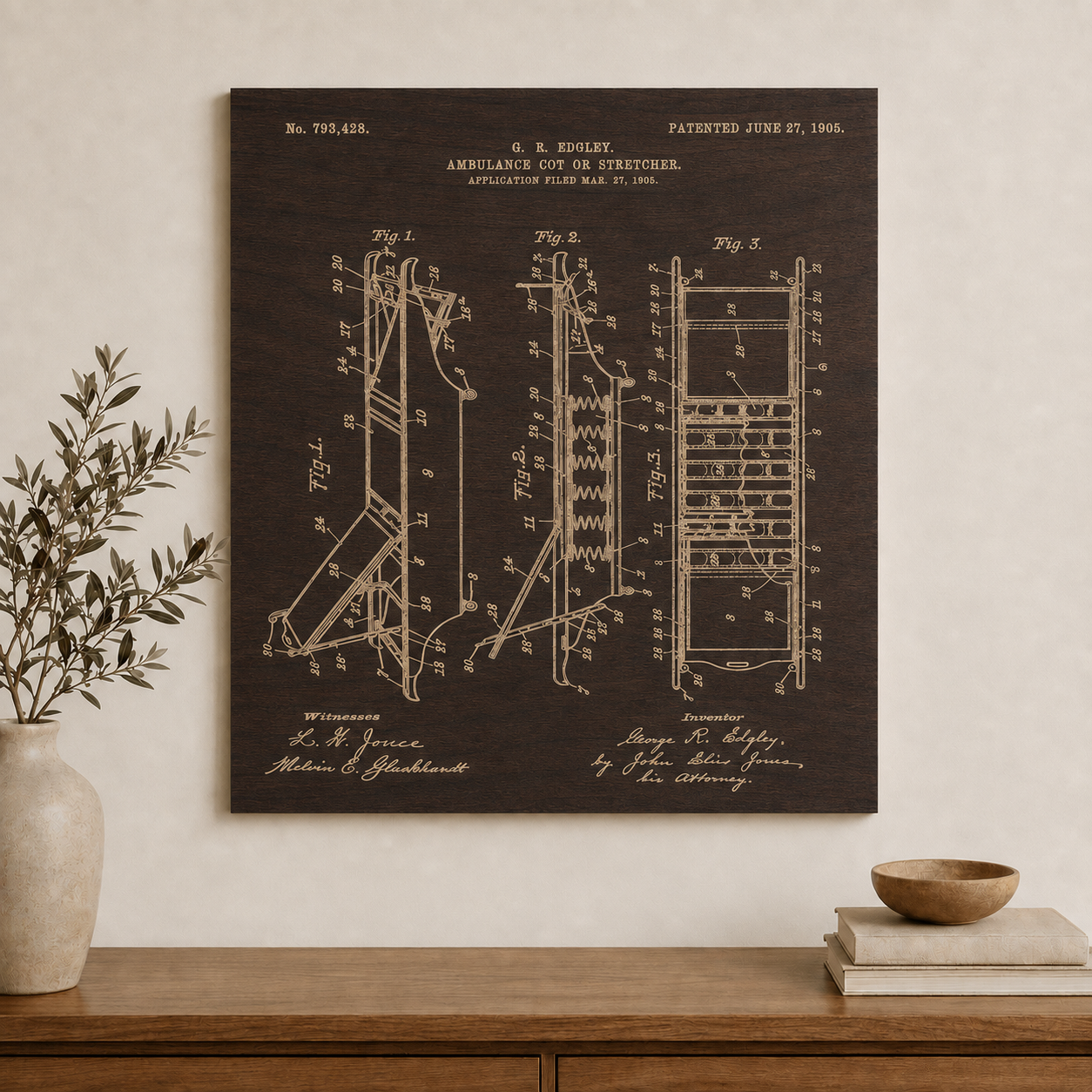 Ambulance cot patent wall art in dark walnut stain, unframed