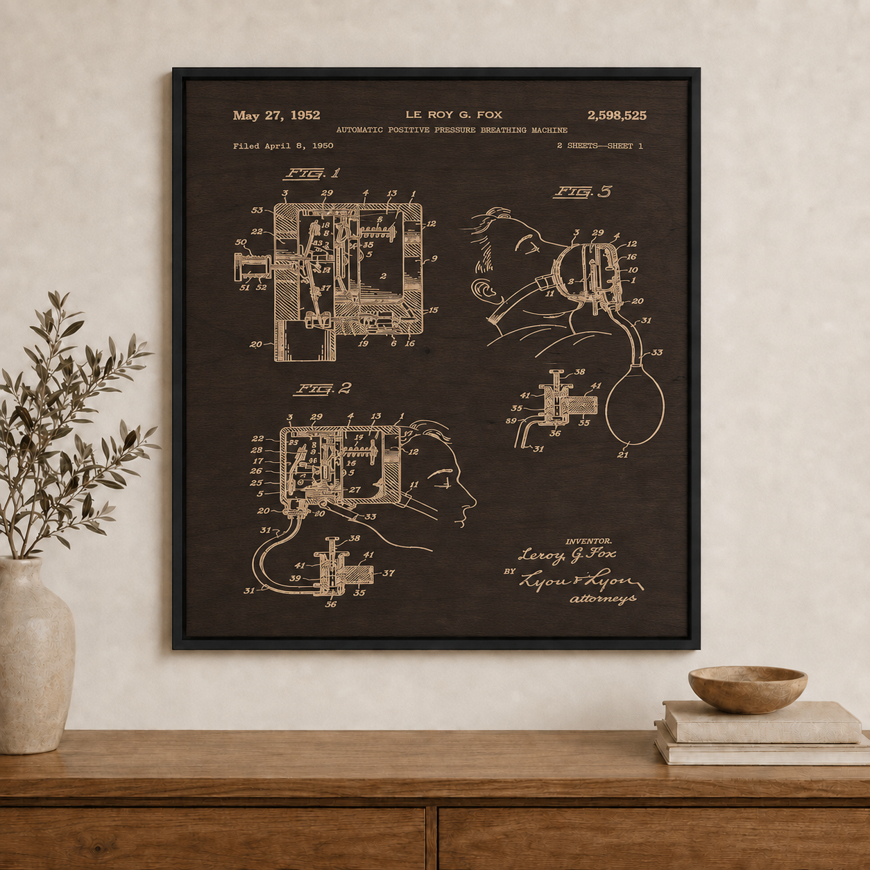 Positive pressure resuscitating machine patent wall art in dark walnut stain