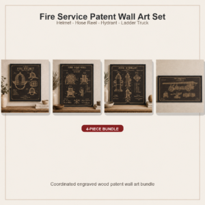 Fire Service Patent Wall Art 4-Piece Set | Helmet, Hose Reel, Hydrant & Ladder Truck