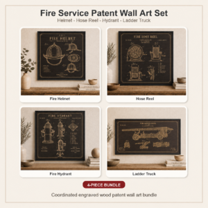 Fire Service Patent Wall Art 4-Piece Set | Helmet, Hose Reel, Hydrant & Ladder Truck