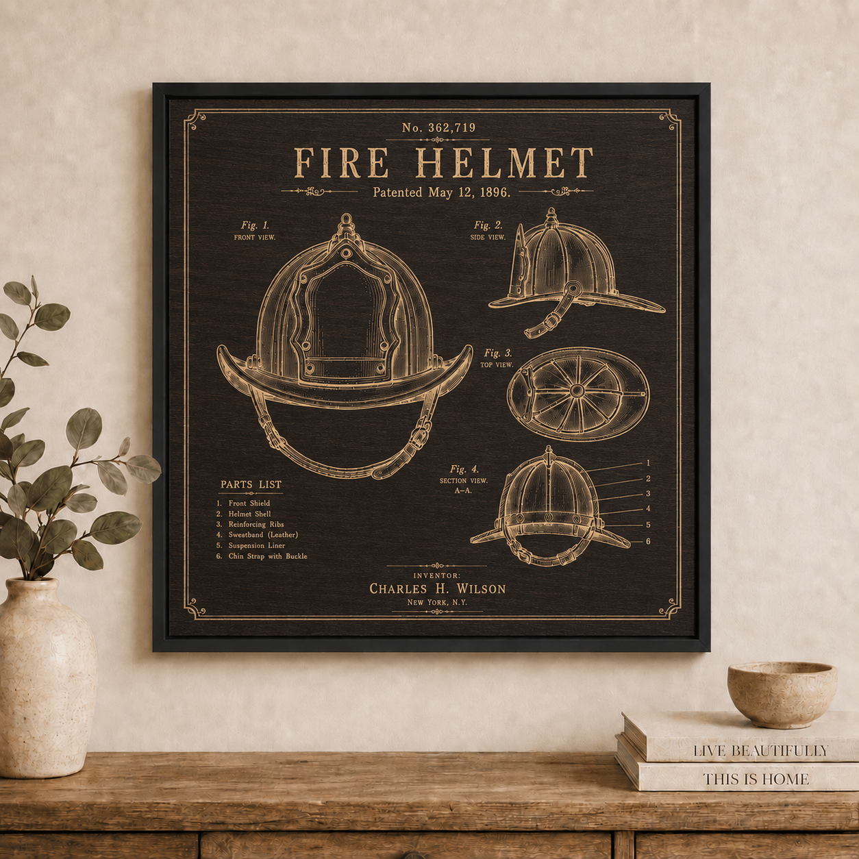 Fire Helmet patent wall art in dark walnut stain