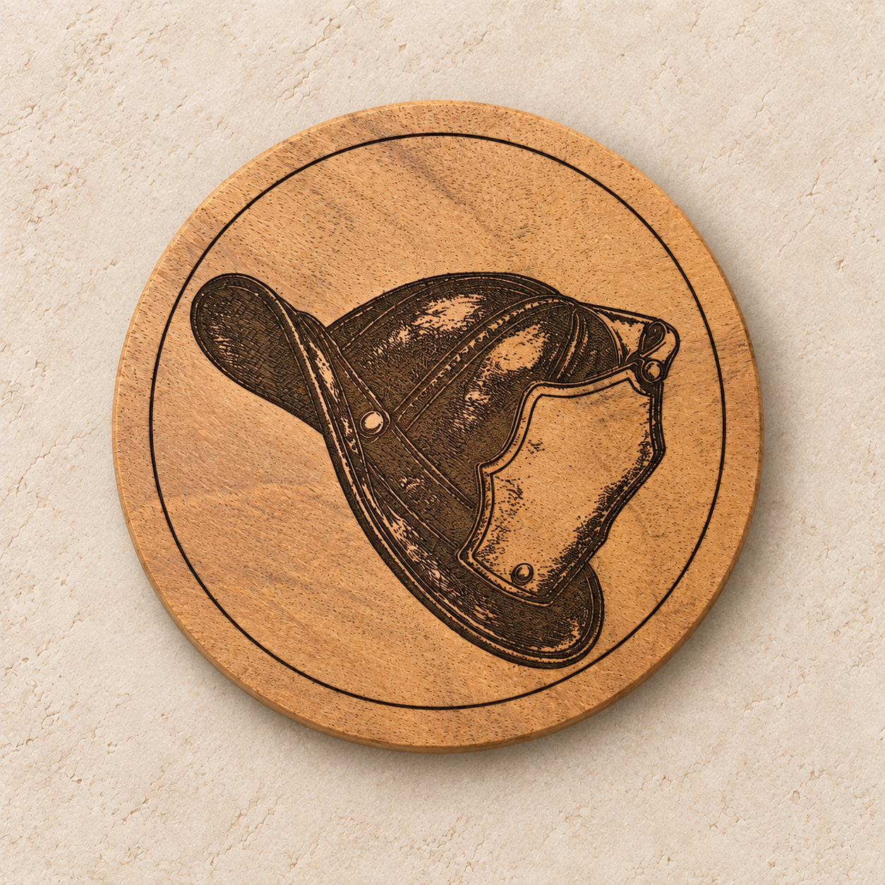 Firefighter helmet engraved coaster from 55-7 Custom Works