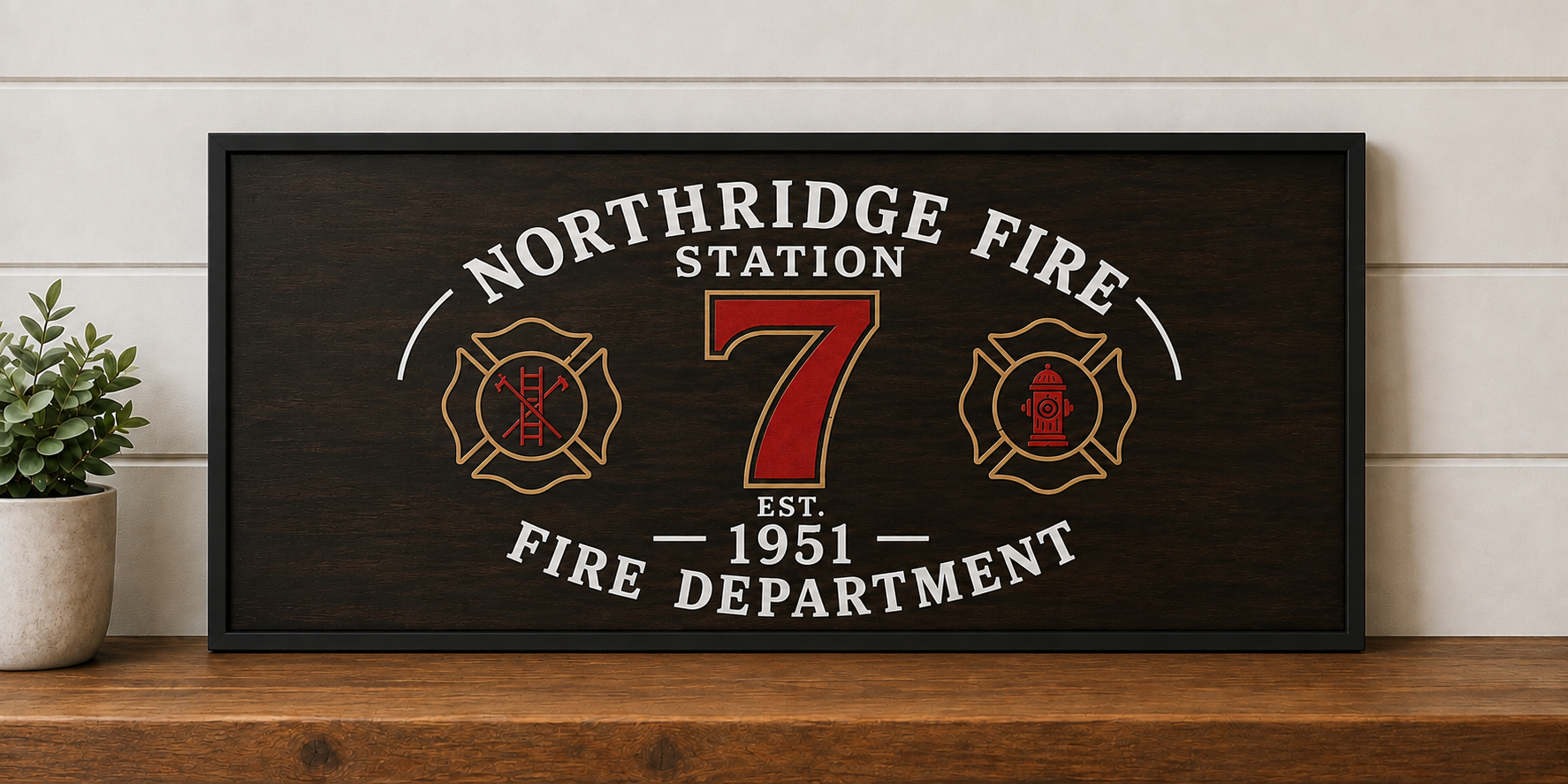 Framed personalized fire station sign with Northridge Fire Department details