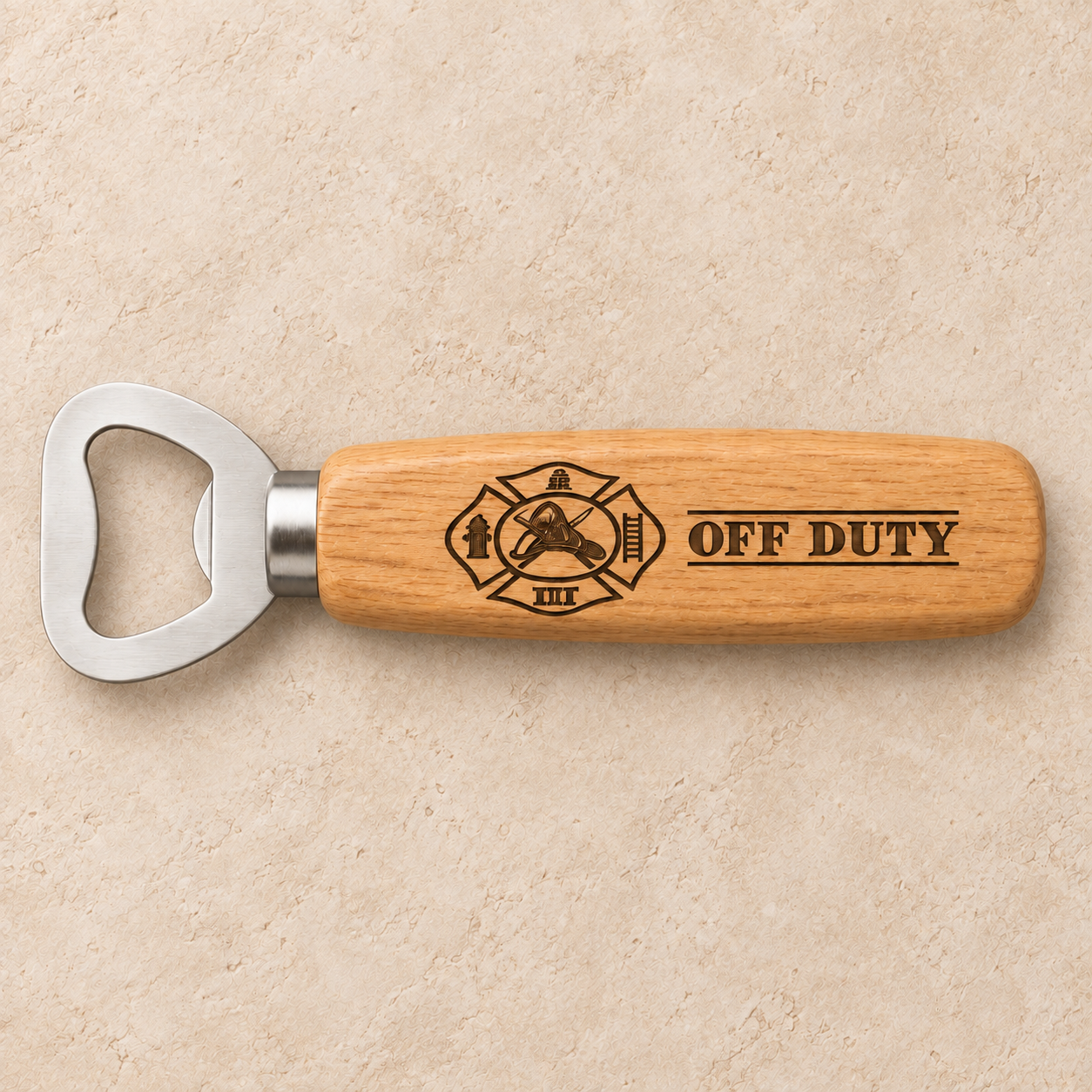 Off Duty Firefighter engraved bottle opener gift from 55-7 Custom Works