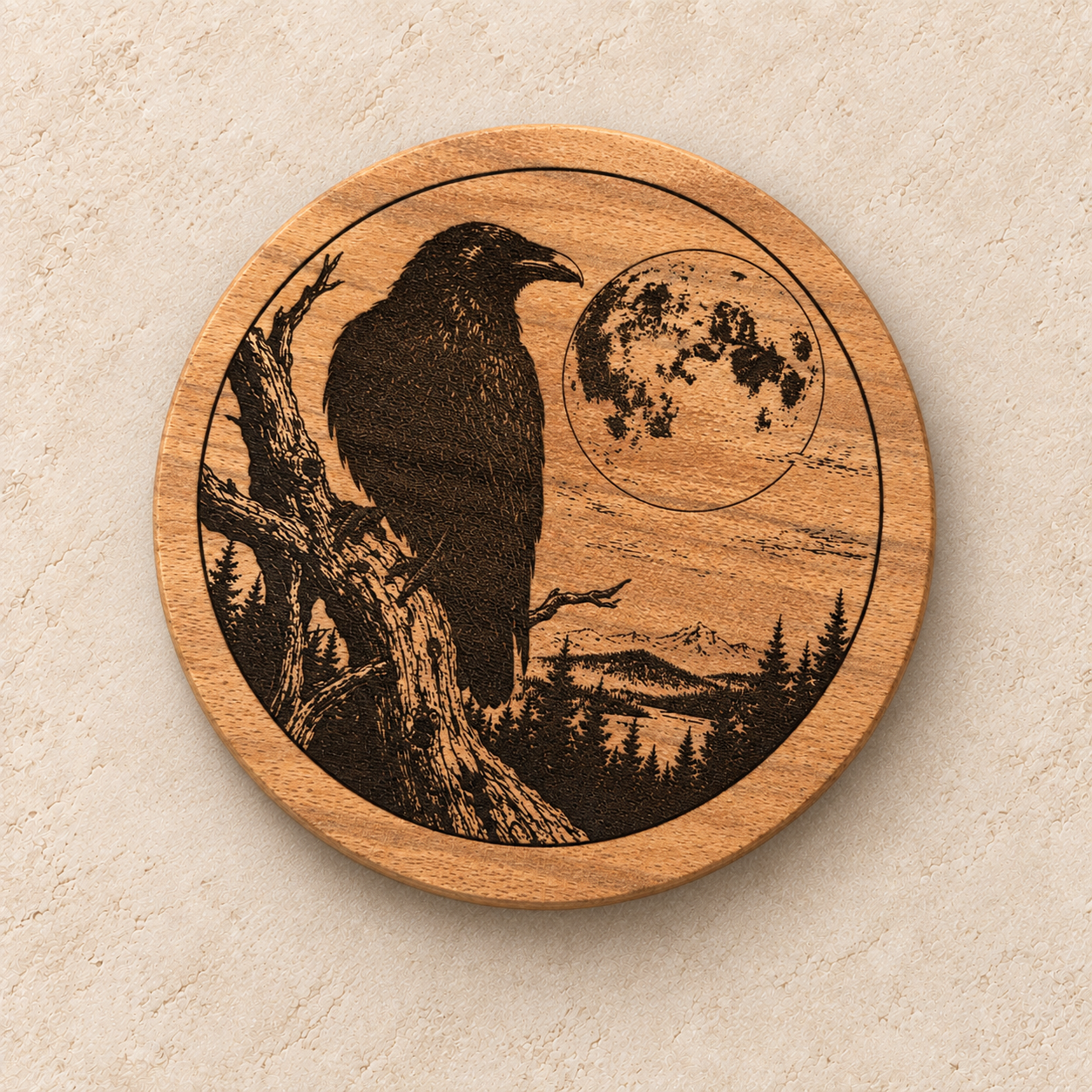 Raven moon engraved coaster from 55-7 Custom Works