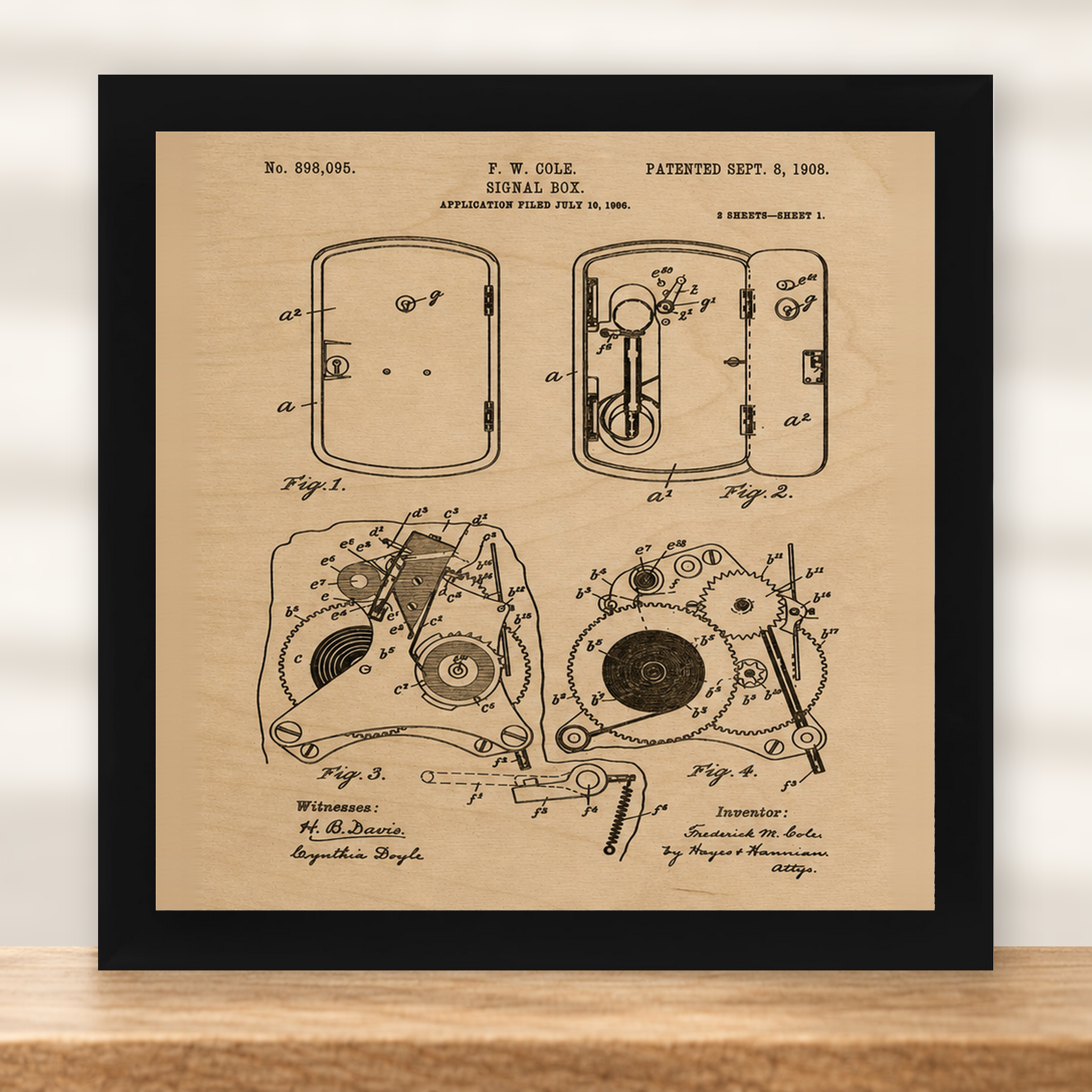 Police Signal Box Patent Wall Art | Law Enforcement Gift - Natural Birch - framed in black