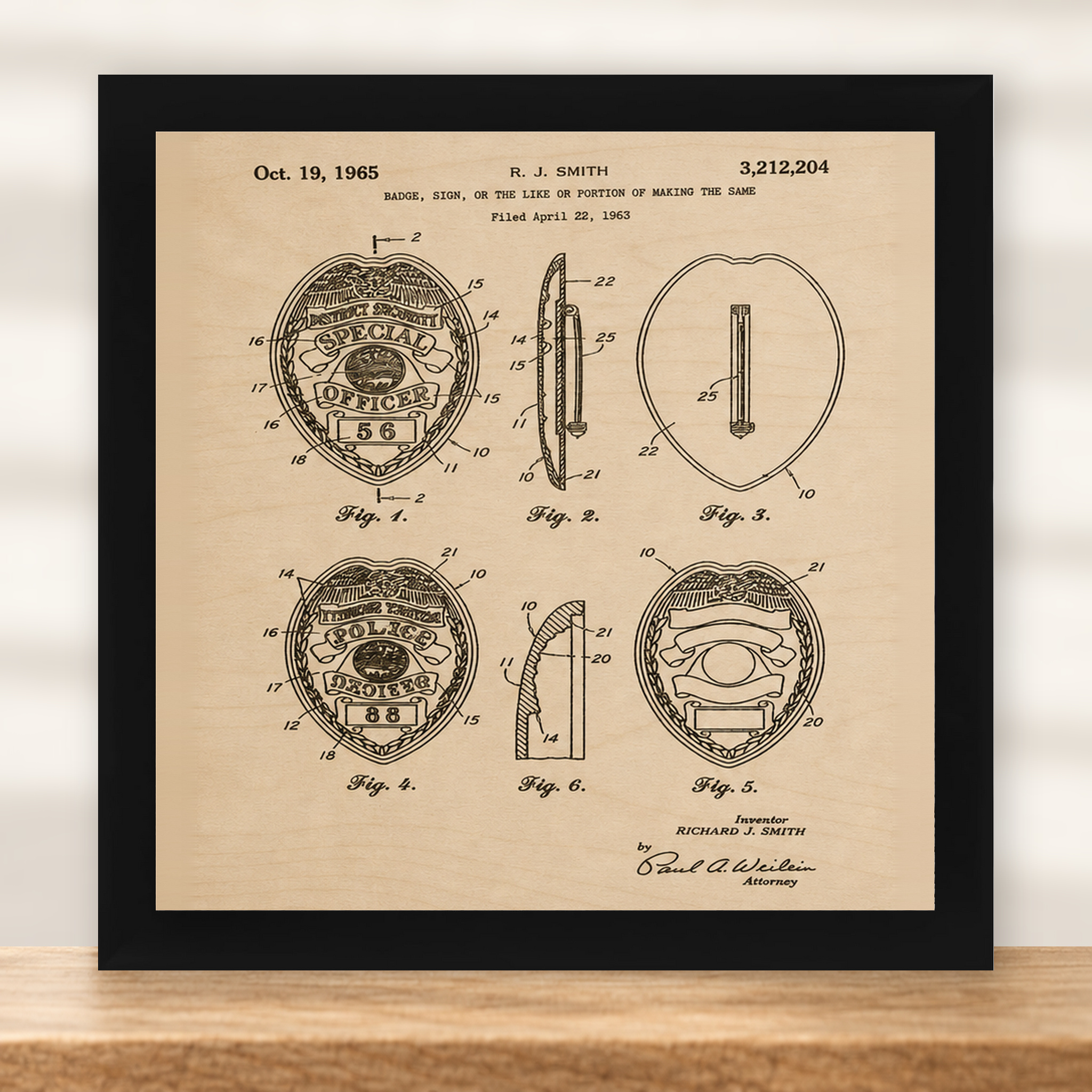 Police Badge Patent Wall Art | Law Enforcement Gift - Natural Birch - framed in black