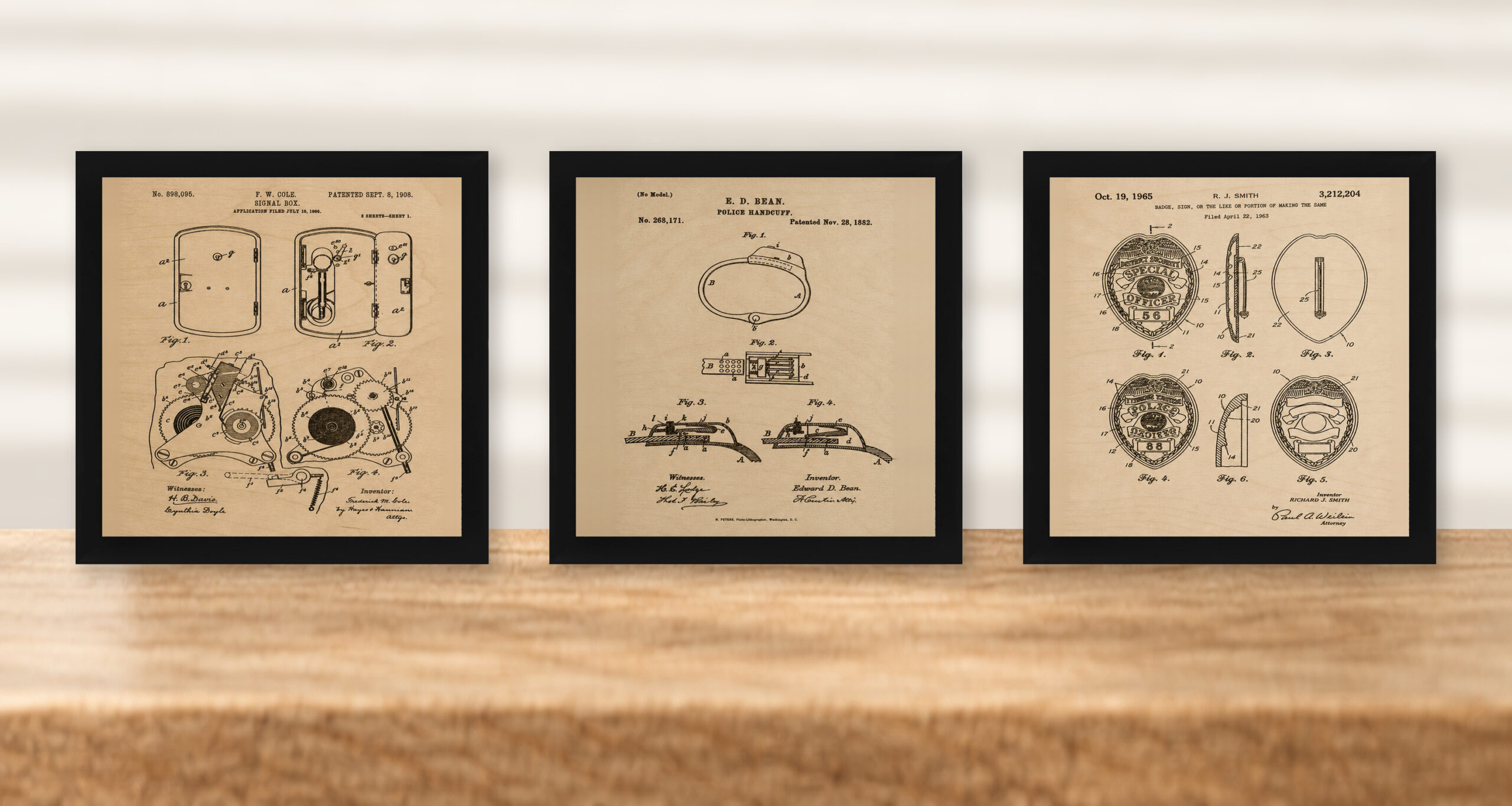 Police Patent Wall Art Set | Signal Box, Handcuff & Badge - Natural Birch - framed set in black