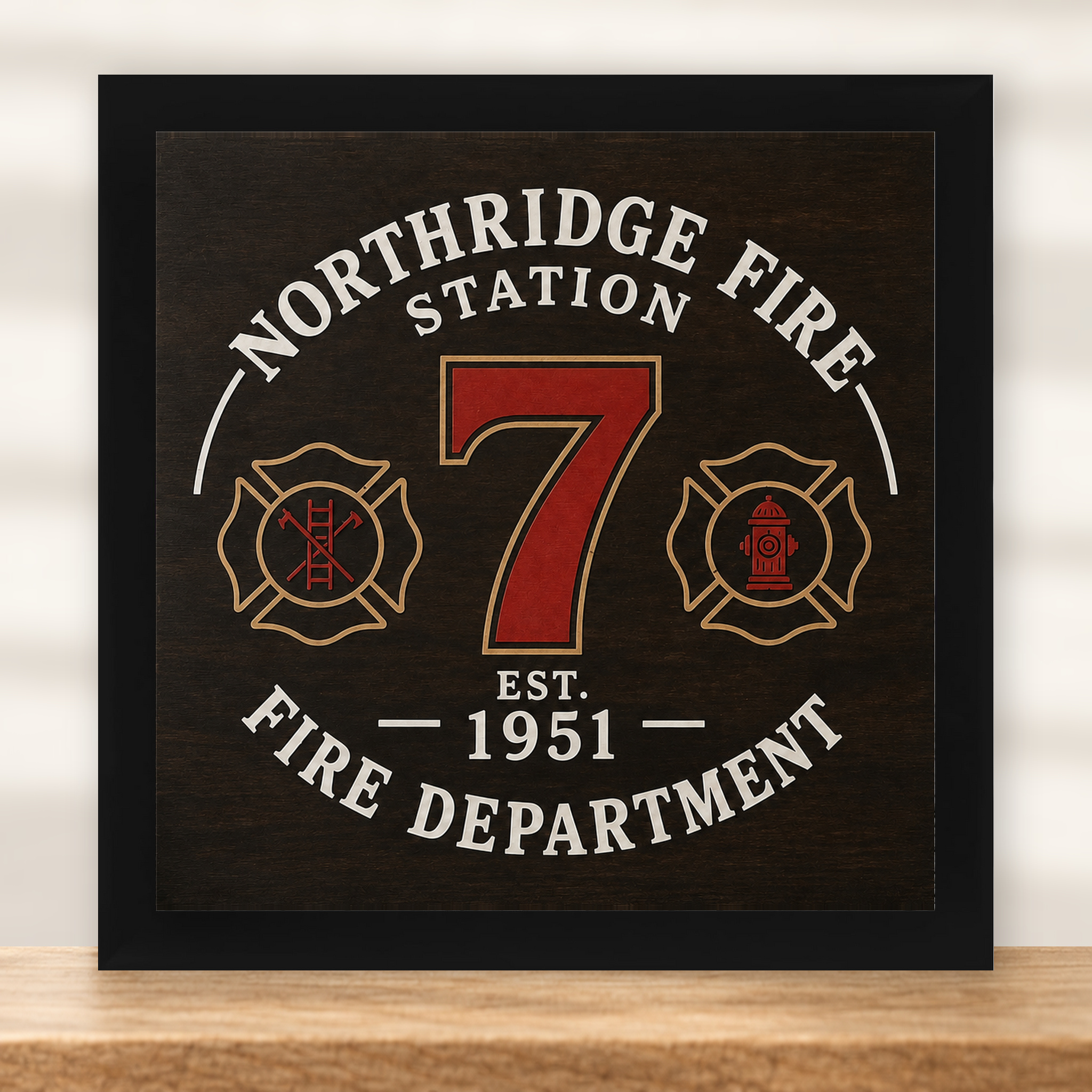 Personalized Fire Station Sign | Custom Department & Station Number Wall Art - Dark Walnut - framed in black