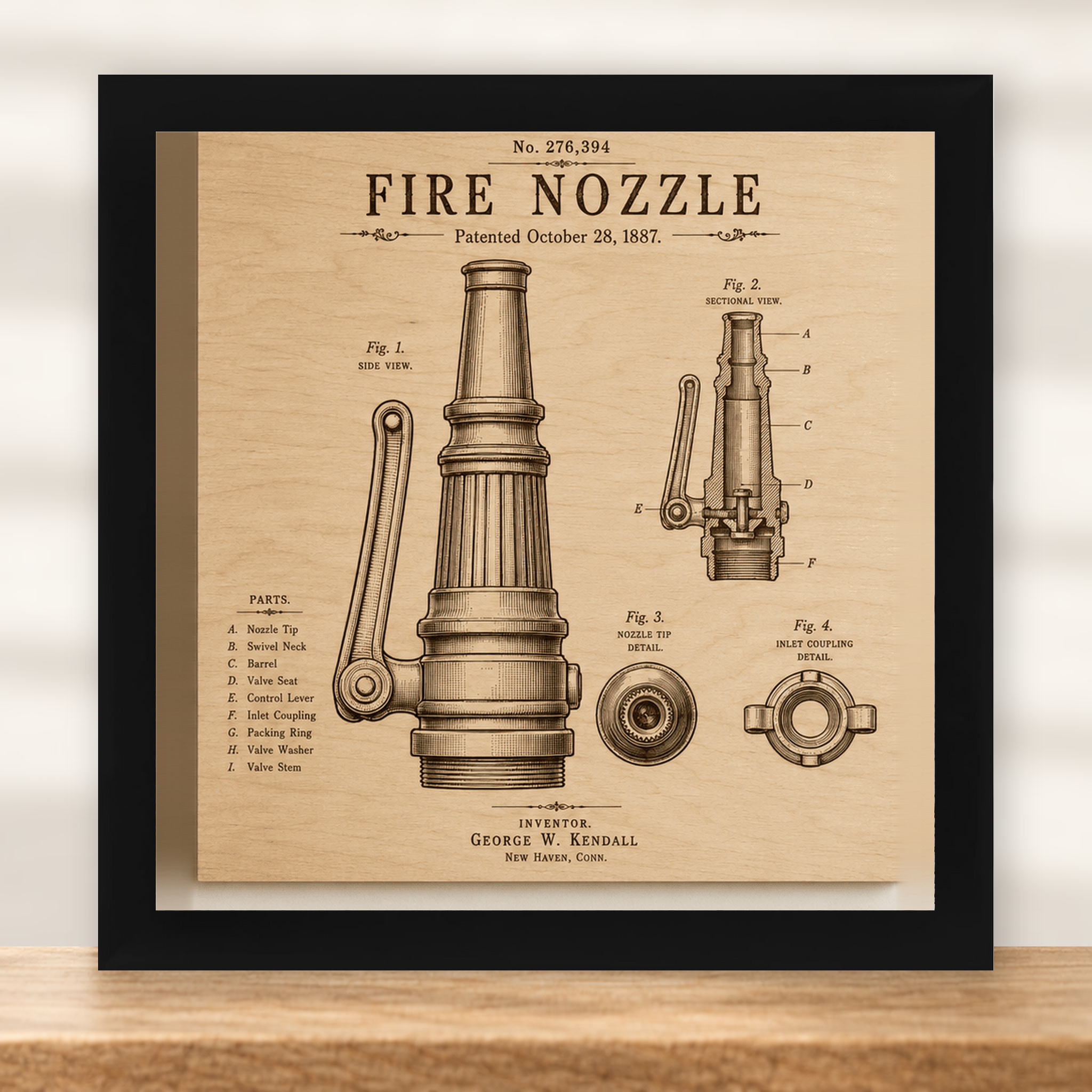 Fire Nozzle Patent Wall Art - Natural Birch - framed in black