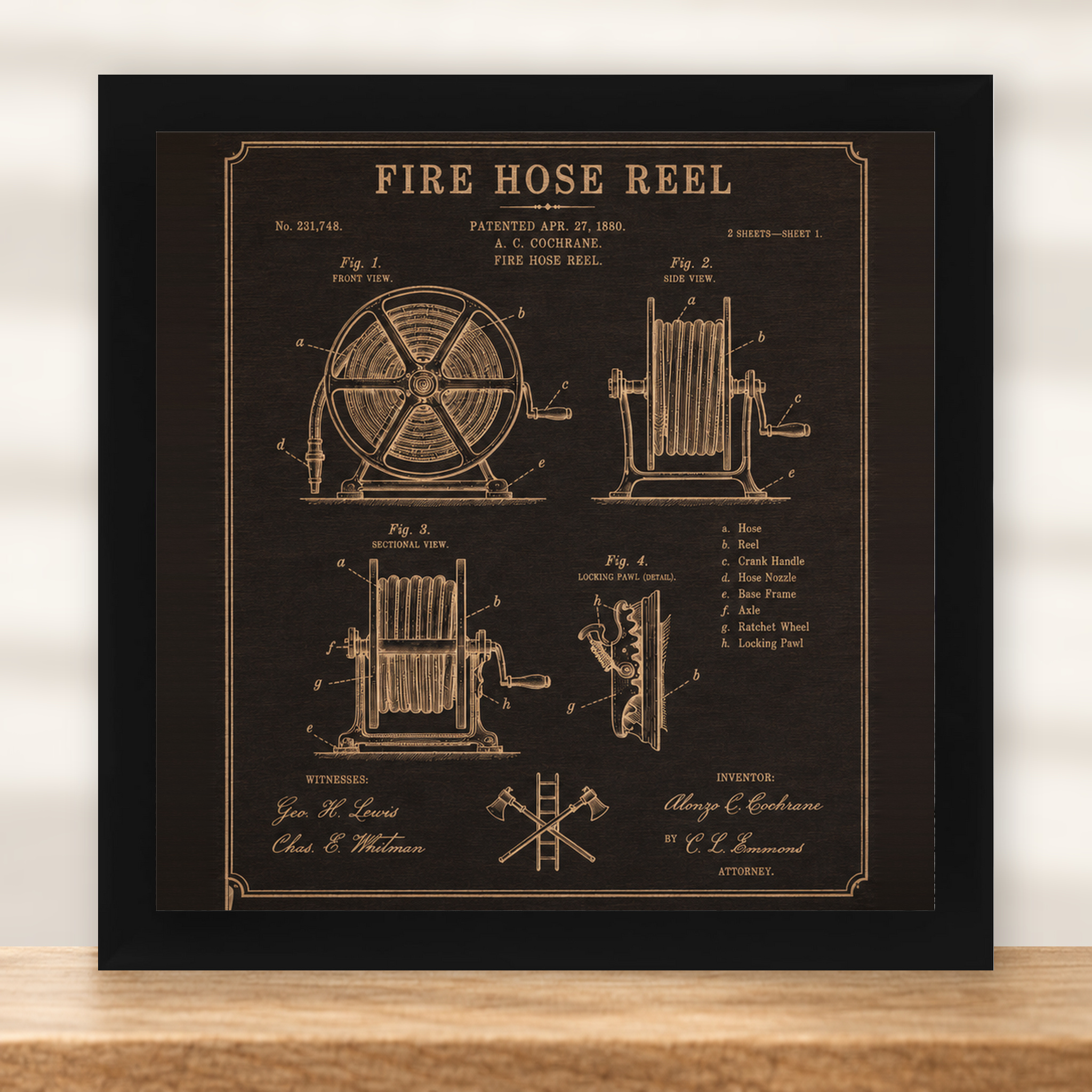 Fire Hose Reel Patent Wall Art - Dark Walnut - framed in black