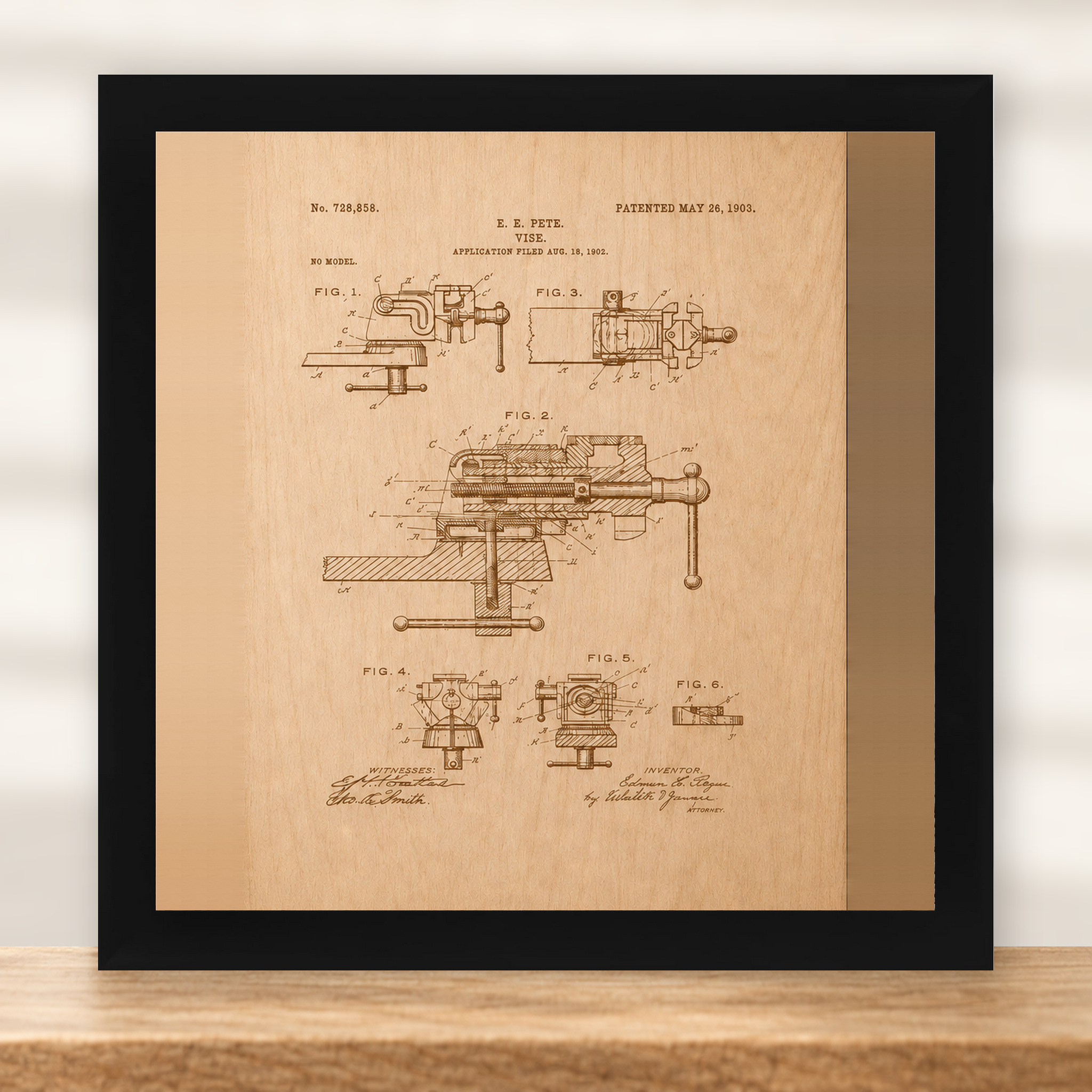 Vintage Bench Vise Patent Wall Art - Natural Birch - framed in black