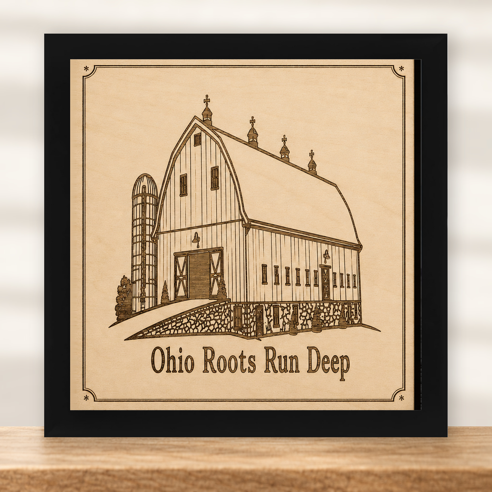 Ohio Roots Run Deep Barn Wall Art - Natural Birch - framed in black