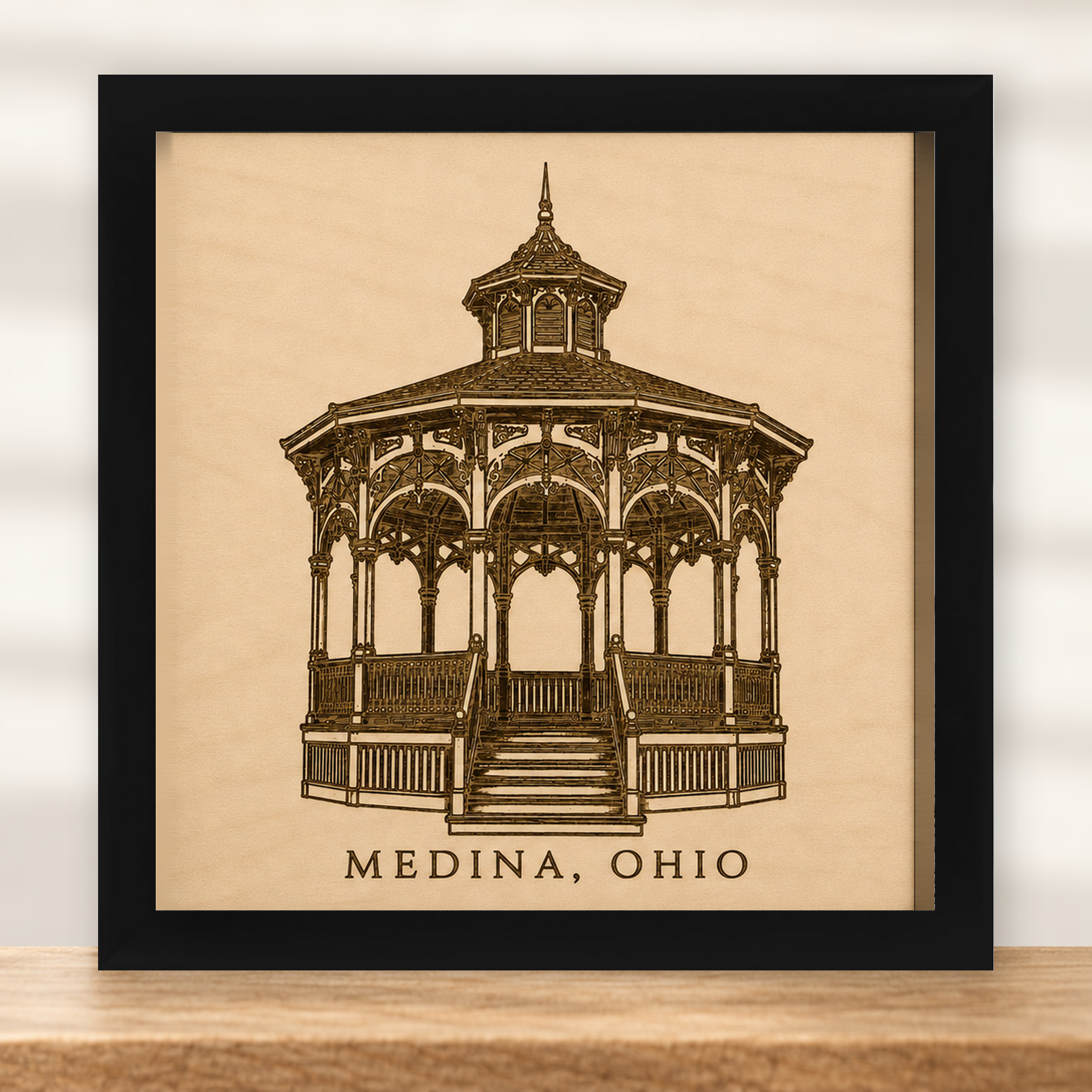 Historic Medina Gazebo Wall Art - Natural Birch - framed in black