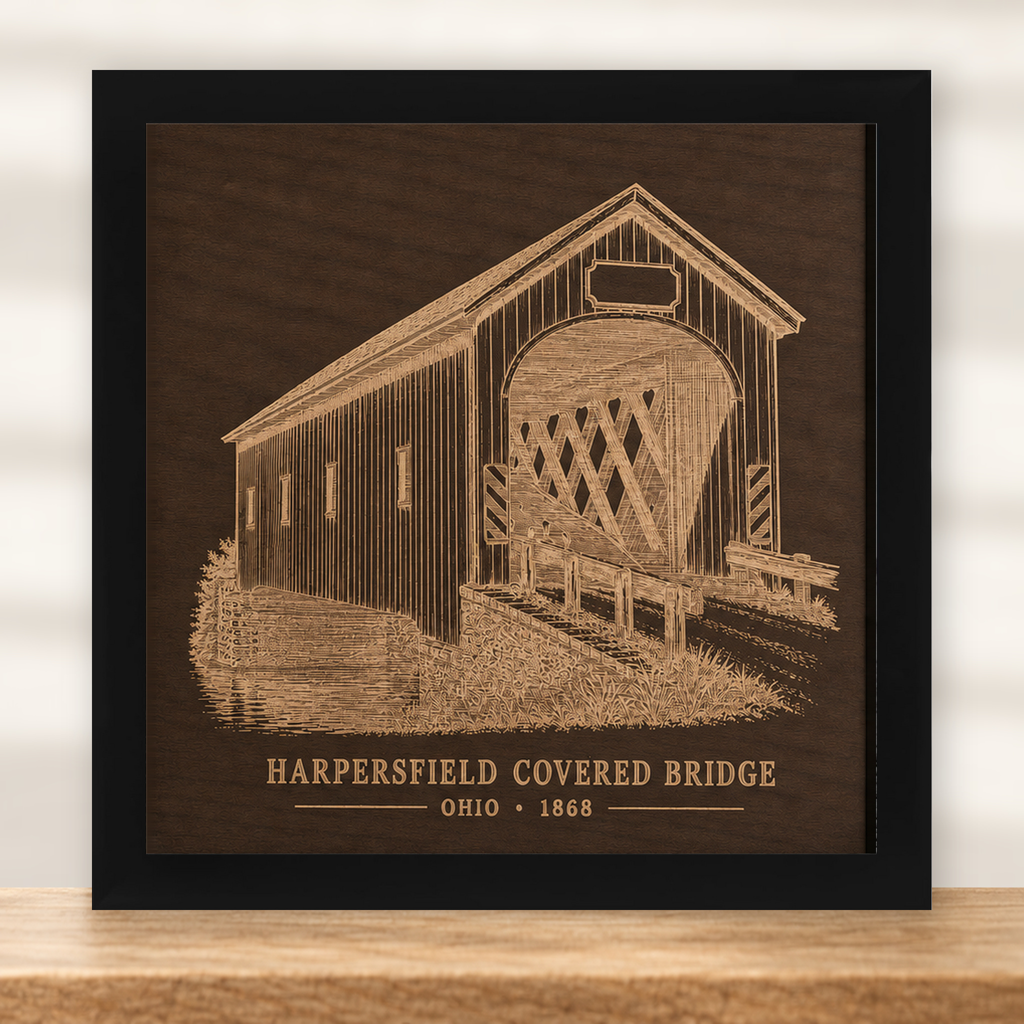 Harpersfield Covered Bridge Wall Art - Dark Walnut - framed in black