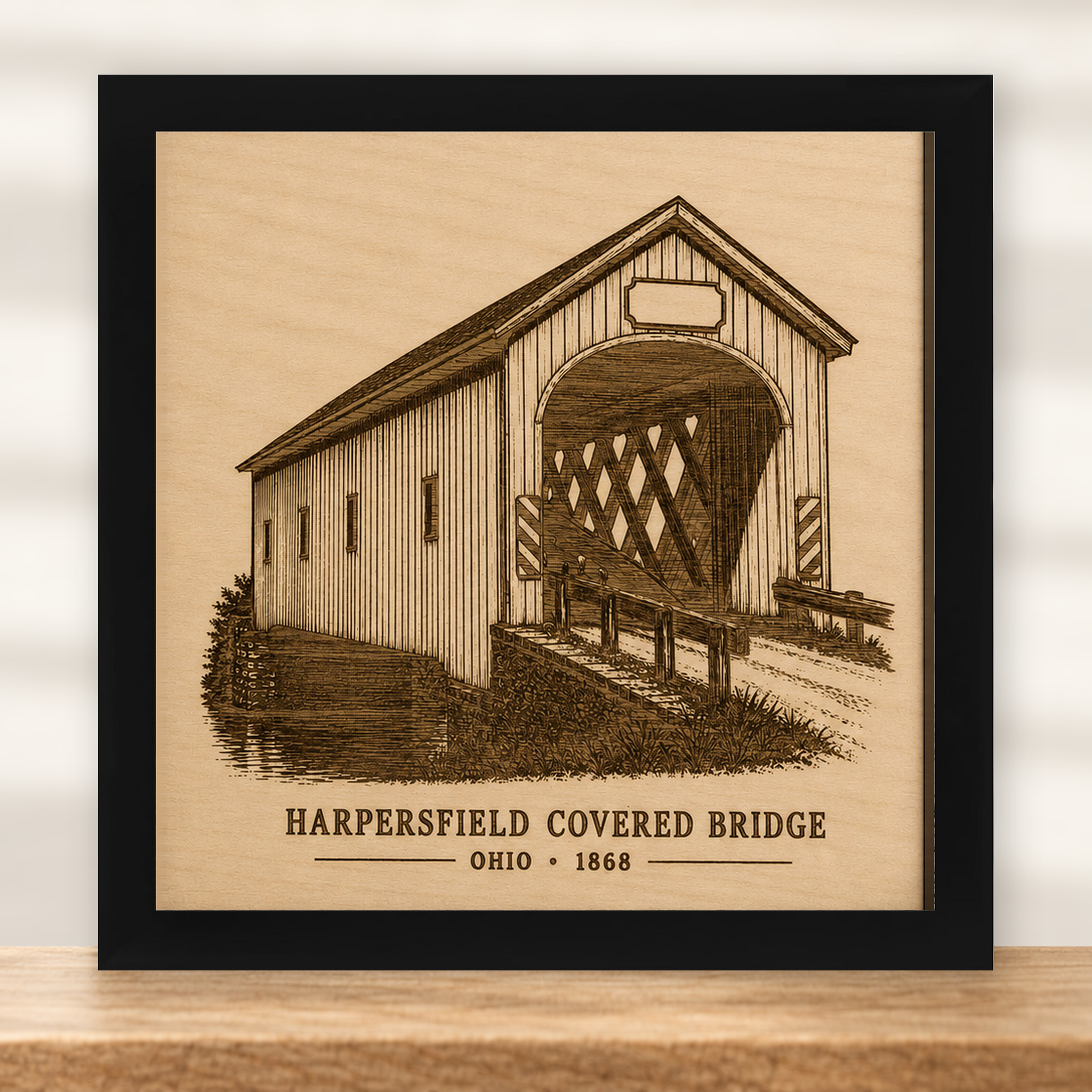 Harpersfield Covered Bridge Wall Art - Natural Birch - framed in black