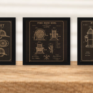 Fire Service Patent Wall Art Set – Helmet, Hose Reel & Hydrant