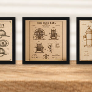 Fire Service Patent Wall Art Set – Helmet, Hose Reel & Hydrant