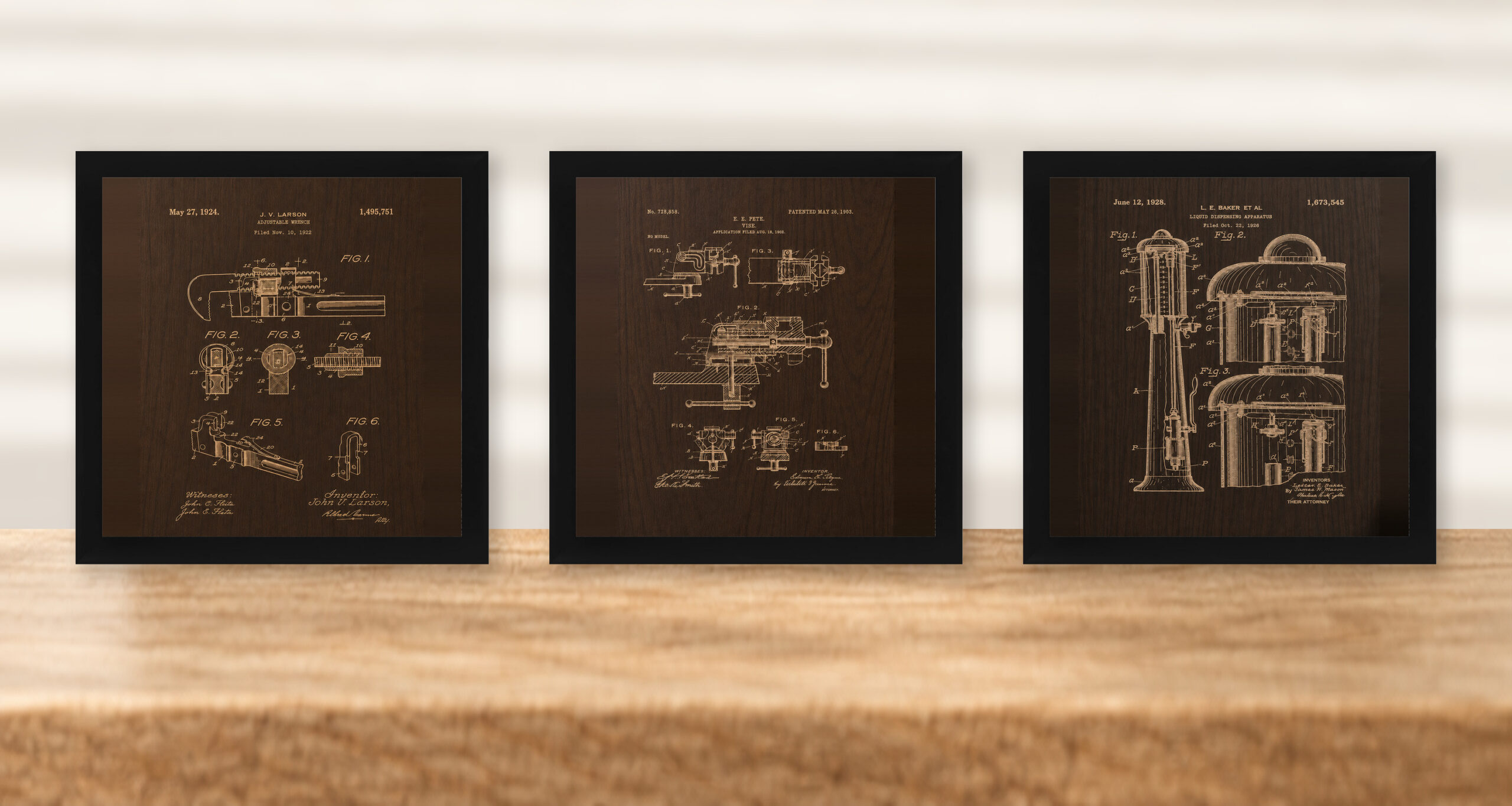 Garage & Workshop Patent Wall Art Set - Wrench, Vise & Gas Pump - Dark Walnut - framed set in black