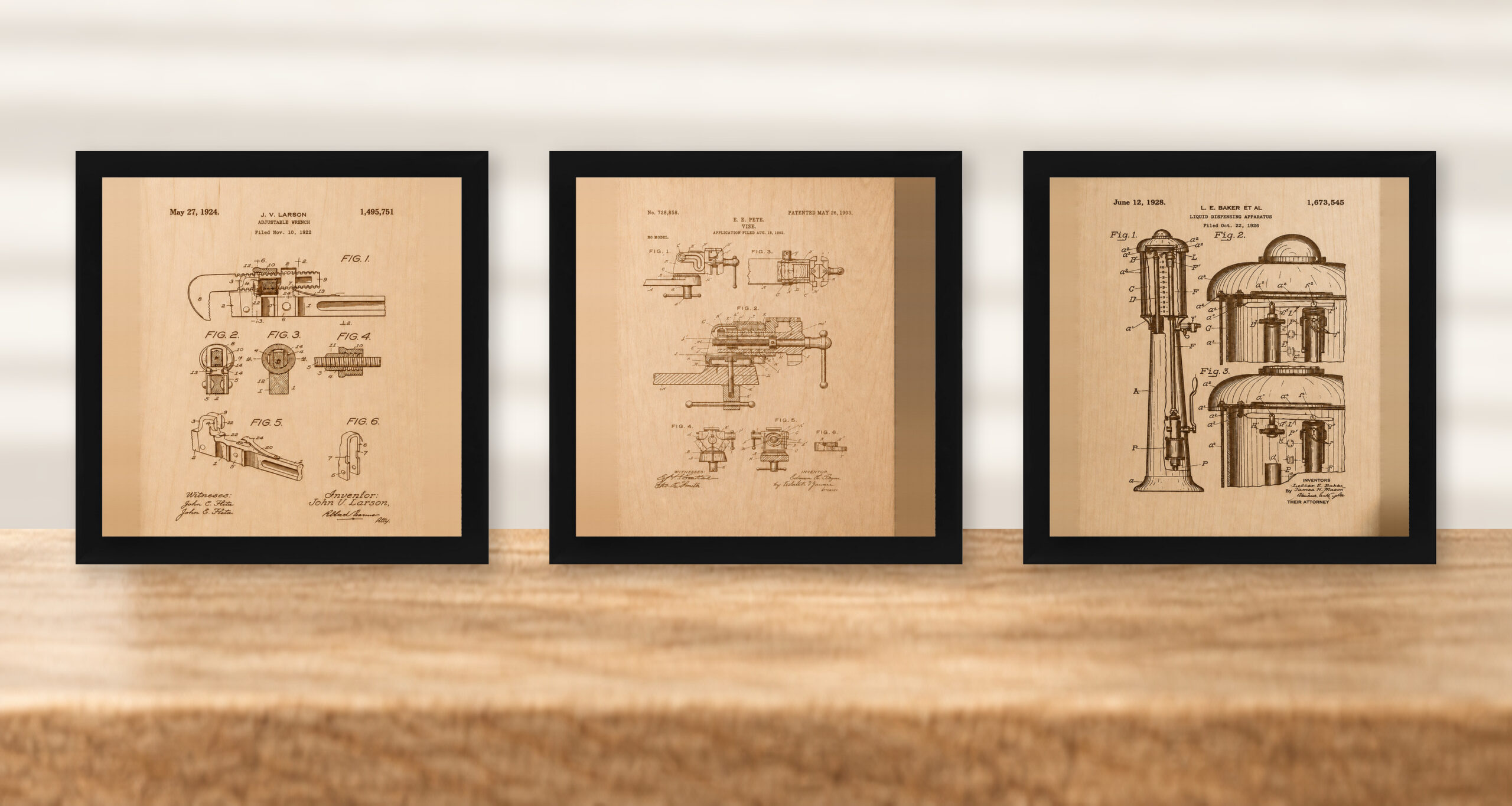 Garage & Workshop Patent Wall Art Set - Wrench, Vise & Gas Pump - Natural Birch - framed set in black