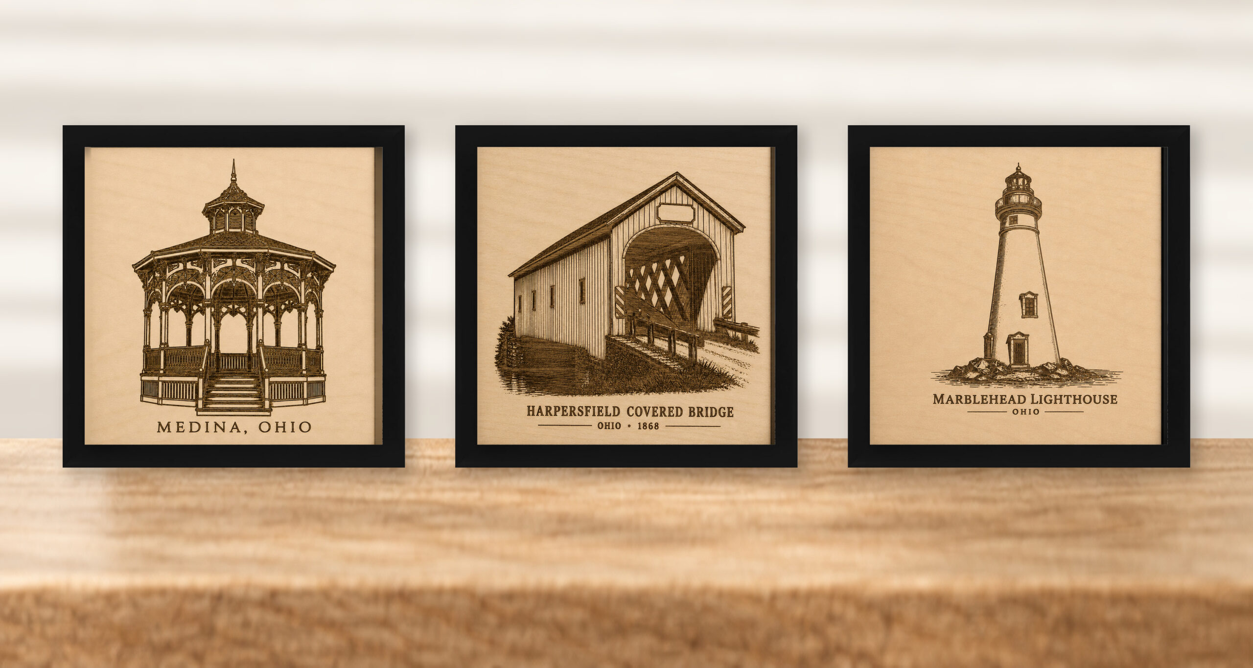 Ohio Landmarks Wall Art Set - Gazebo, Bridge & Lighthouse - Natural Birch - framed set in black