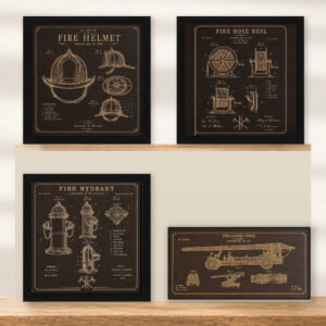 Fire Service Patent Wall Art 4-Piece Set | Helmet, Hose Reel, Hydrant & Ladder Truck