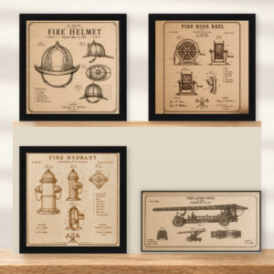 Fire Service Patent Wall Art 4-Piece Set | Helmet, Hose Reel, Hydrant & Ladder Truck