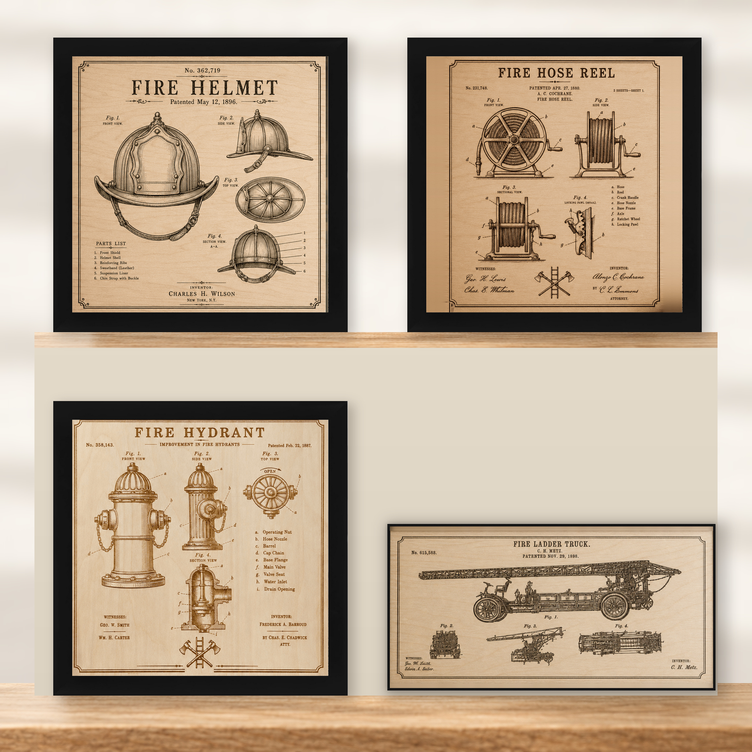 Fire Service Patent Wall Art 4-Piece Set | Helmet, Hose Reel, Hydrant & Ladder Truck - Natural Birch - framed set in black
