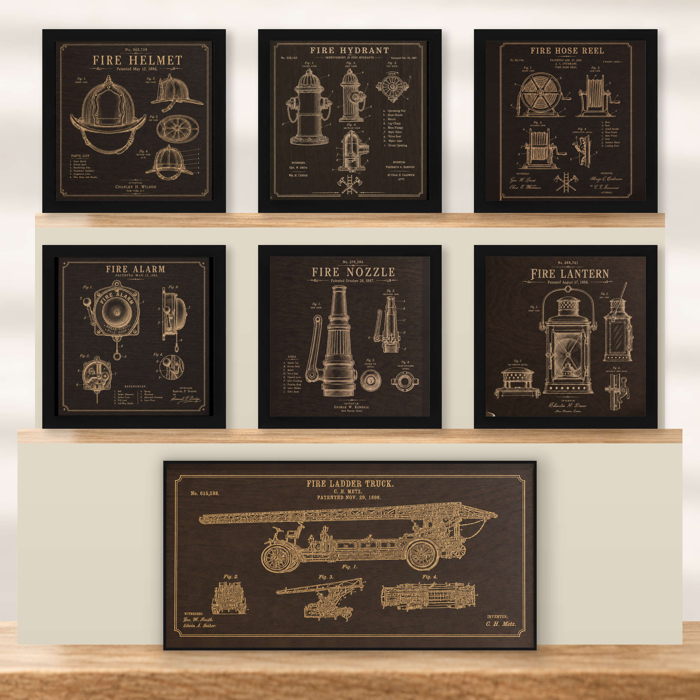 Complete Fire Service Patent Wall Art Collection | 7-Piece Firefighter Gift Set - Dark Walnut - framed set in black