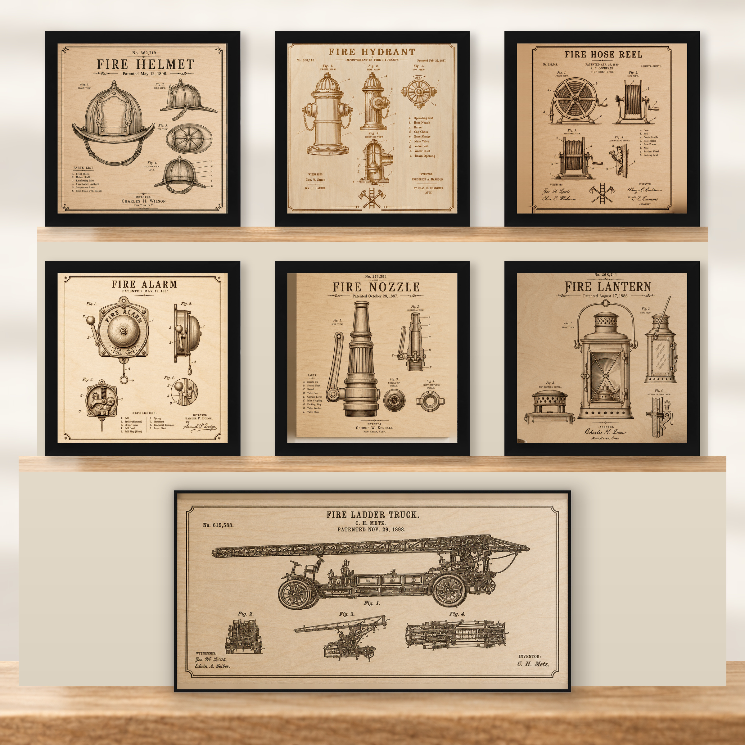 Complete Fire Service Patent Wall Art Collection | 7-Piece Firefighter Gift Set - Natural Birch - framed set in black