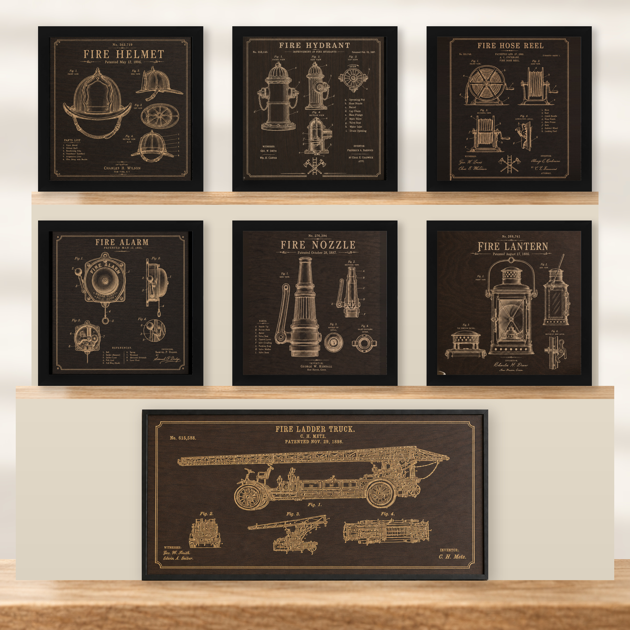 Complete Fire Service Patent Wall Art Collection | 7-Piece Firefighter Gift Set - Dark Walnut - framed set in black