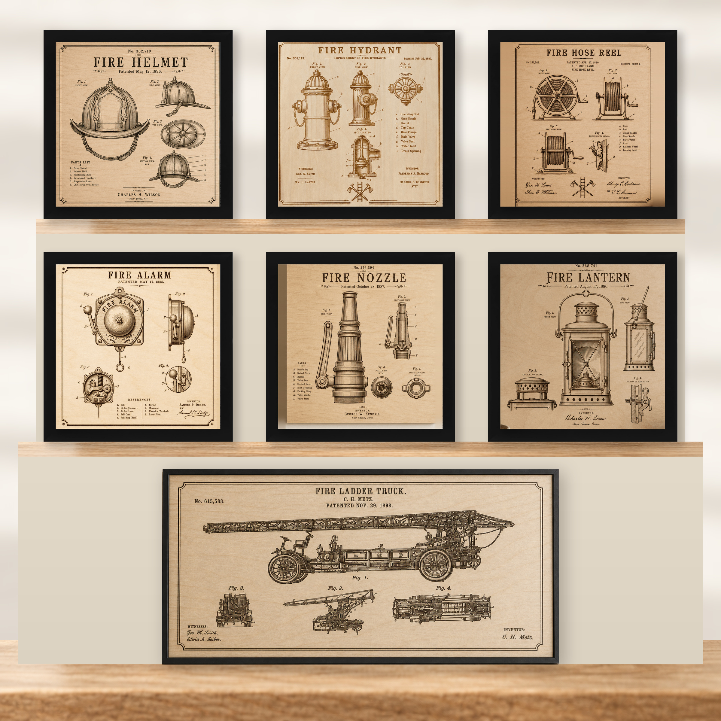 Complete Fire Service Patent Wall Art Collection | 7-Piece Firefighter Gift Set - Natural Birch - framed set in black