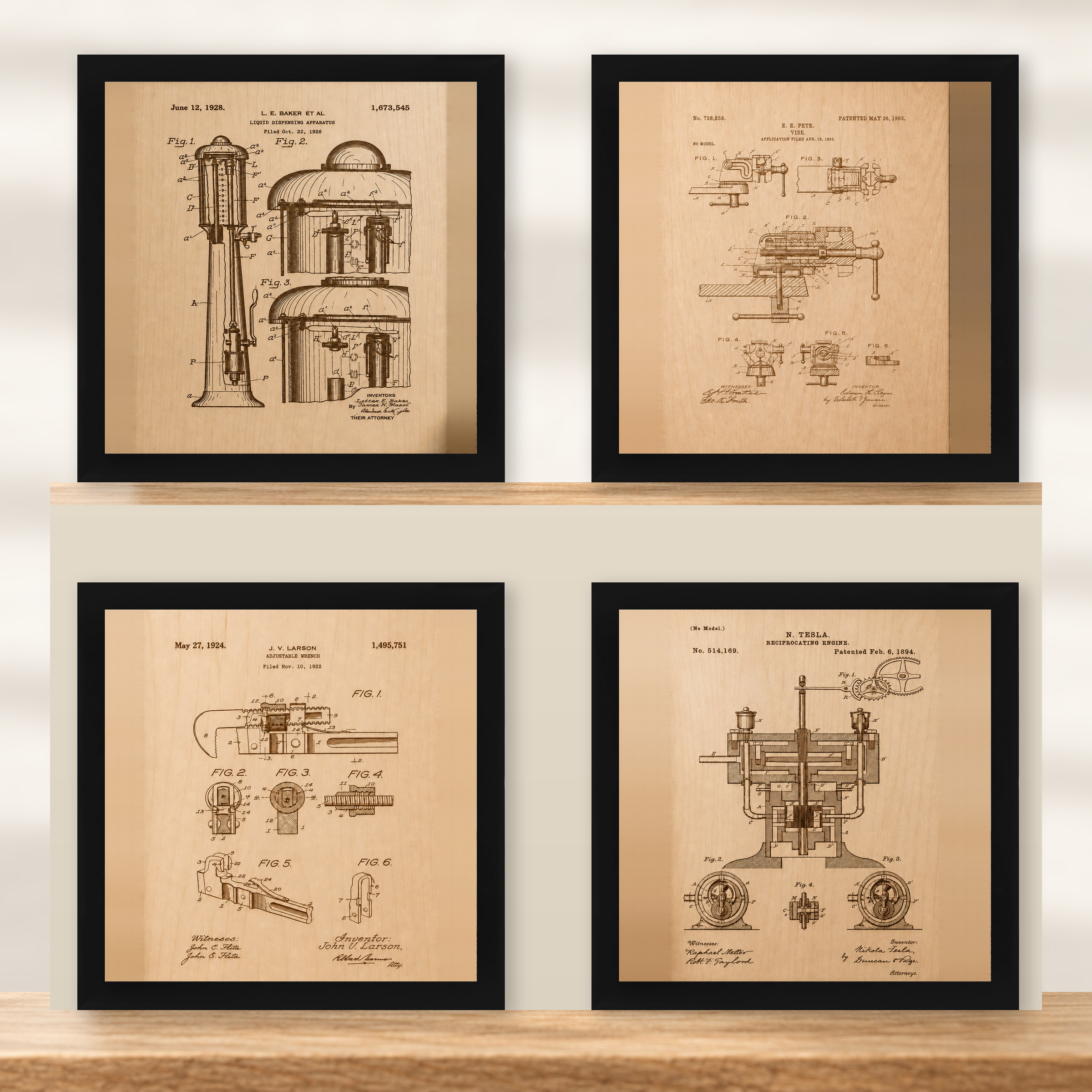 Complete Industrial Patent Wall Art Collection | 4-Piece Garage & Workshop Set - Natural Birch - framed set in black