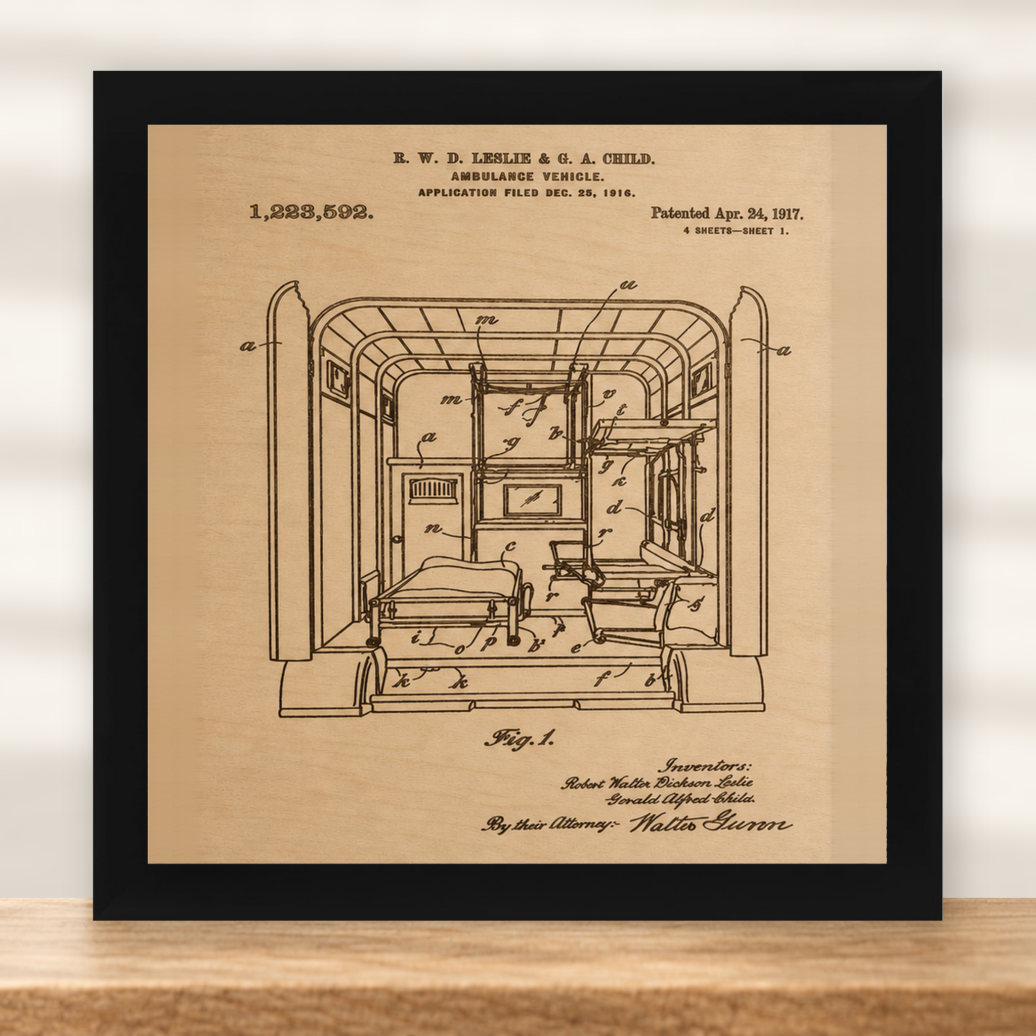 Ambulance Patent Wall Art | EMS Gift - Natural Birch - framed in black