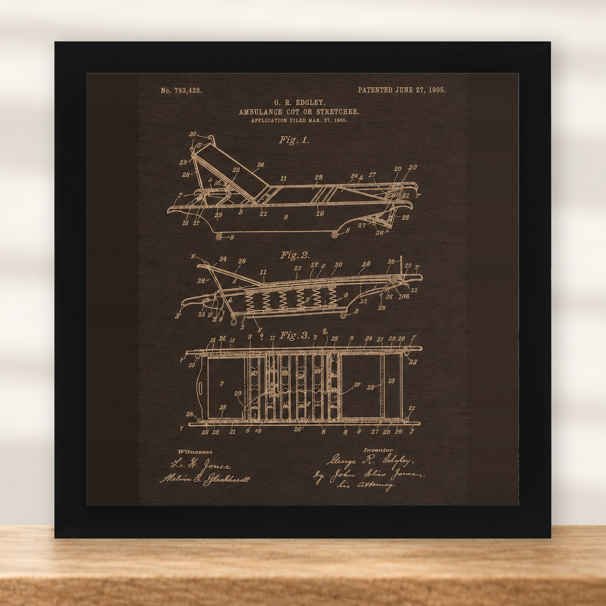 Ambulance Cot Patent Wall Art | Paramedic Gift - Dark Walnut - framed in black
