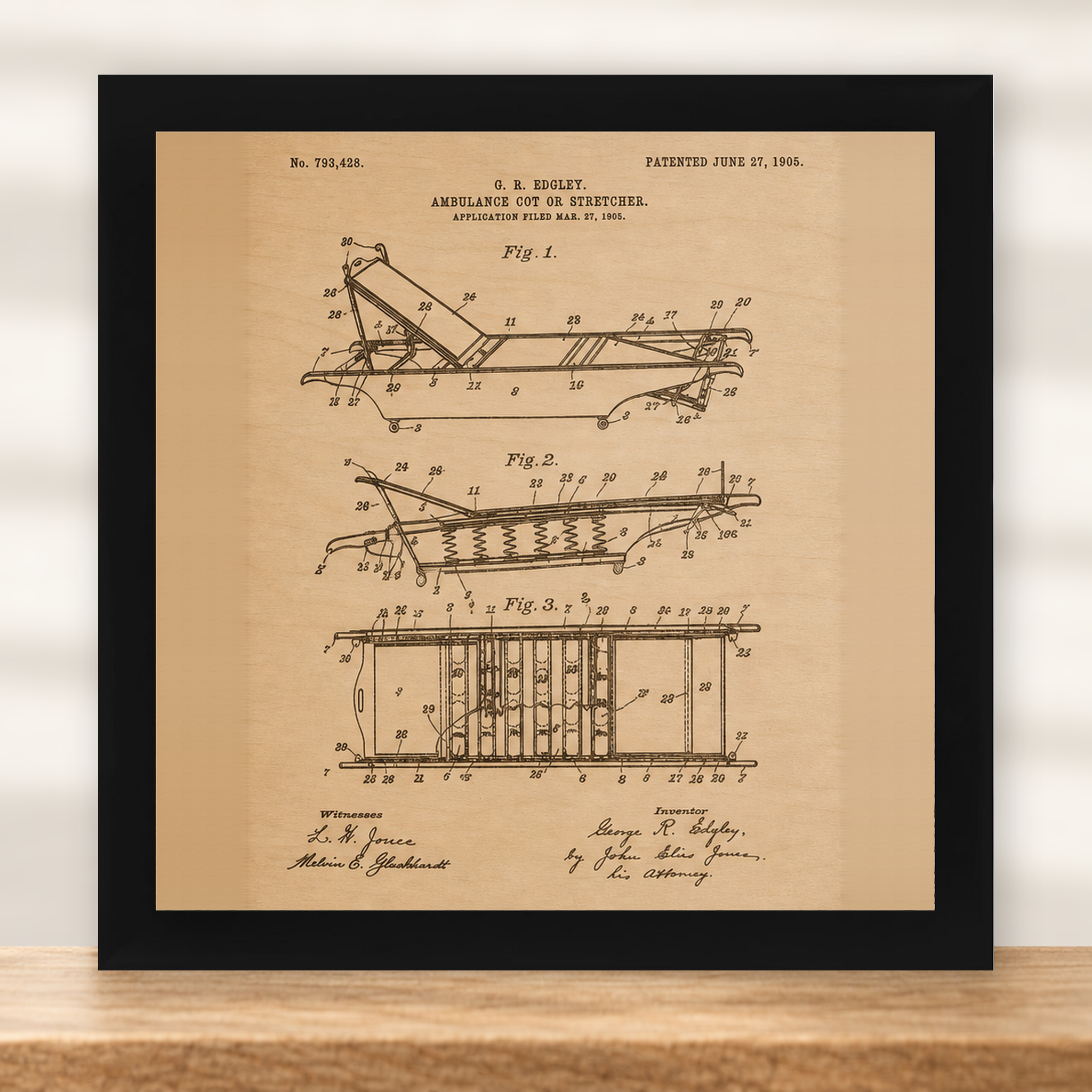 Ambulance Cot Patent Wall Art | Paramedic Gift - Natural Birch - framed in black