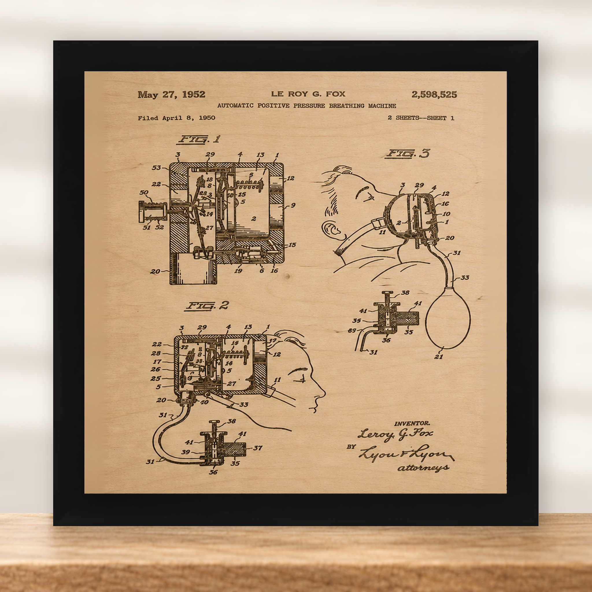 Automatic Positive Pressure Resuscitating Machine Patent Wall Art | EMS Gift - Natural Birch - framed in black
