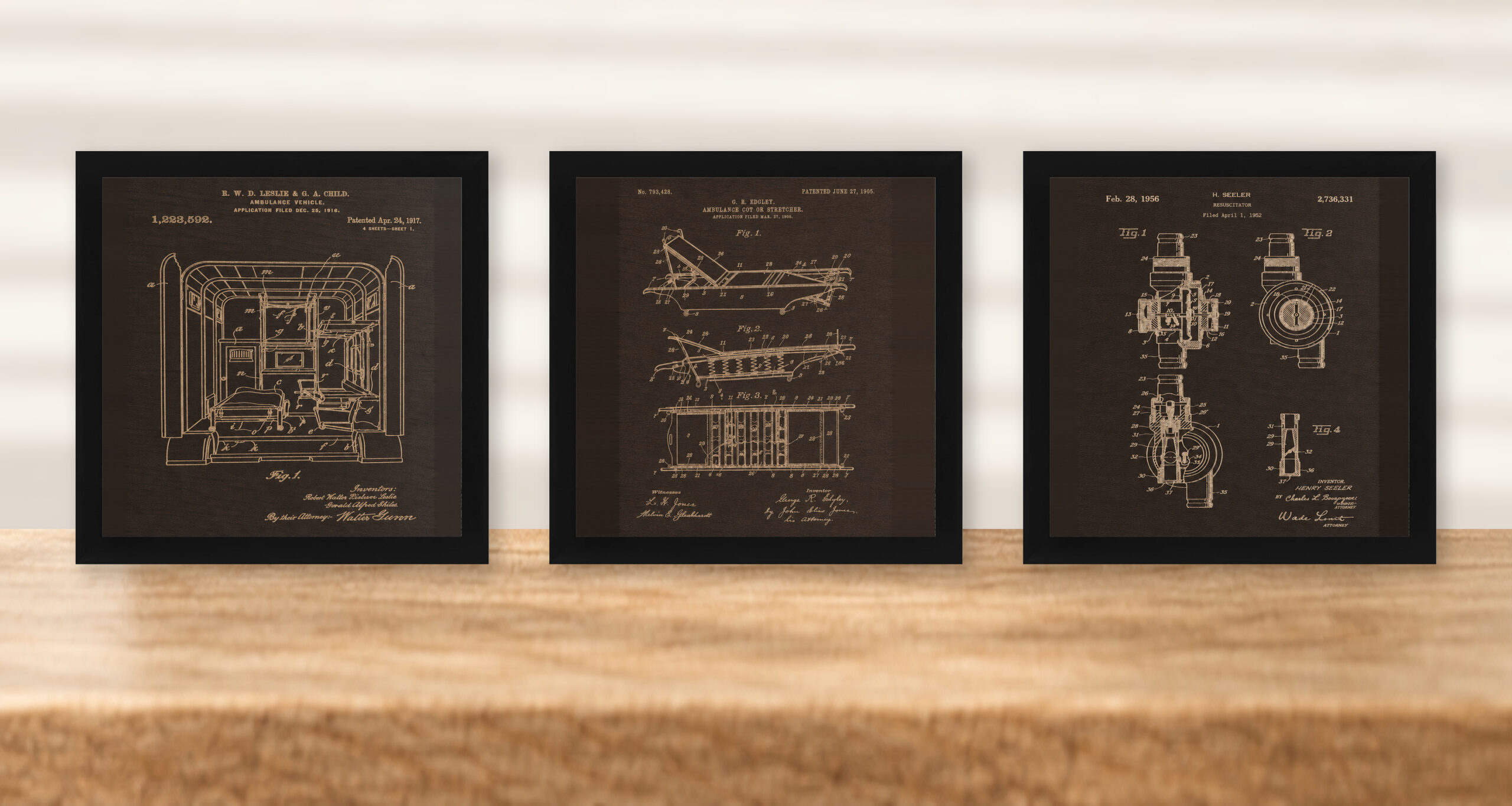 EMS Patent Wall Art Set | Ambulance, Cot & Resuscitator - Dark Walnut - framed set in black