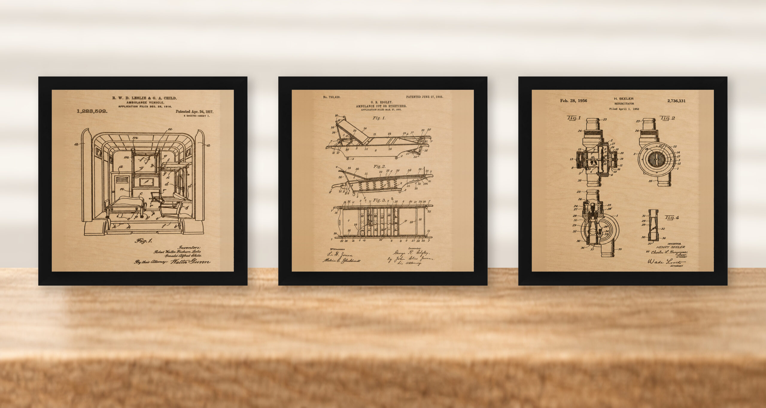 EMS Patent Wall Art Set | Ambulance, Cot & Resuscitator - Natural Birch - framed set in black
