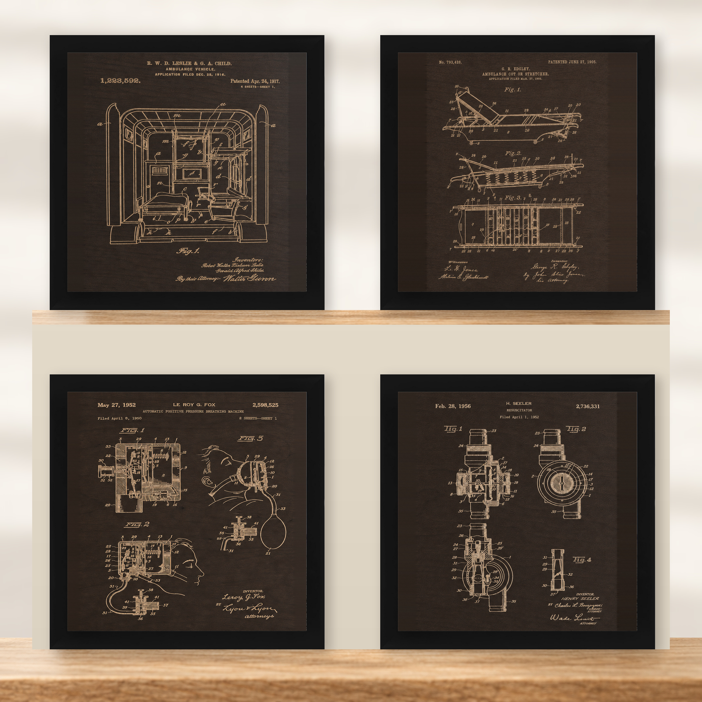 Complete EMS Patent Wall Art Collection | 4-Piece Paramedic Gift Set - Dark Walnut - framed set in black