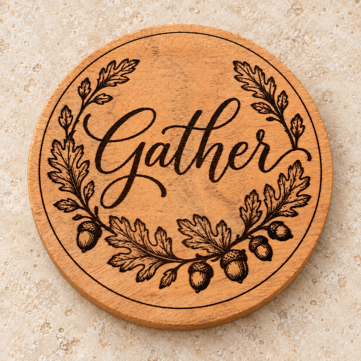 Fall Gather engraved autumn coaster from 55-7 Custom Works