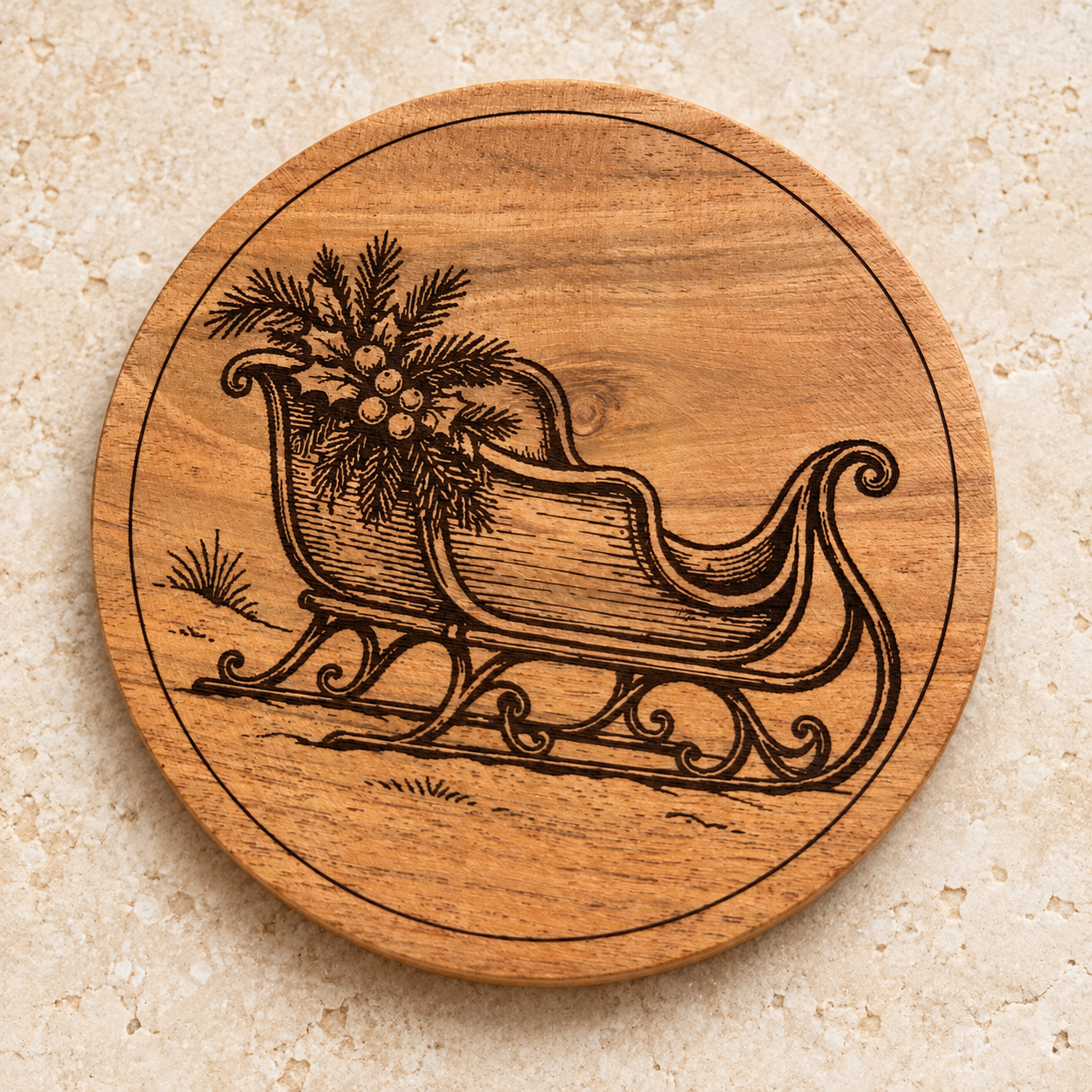 Vintage Sleigh engraved winter coaster from 55-7 Custom Works
