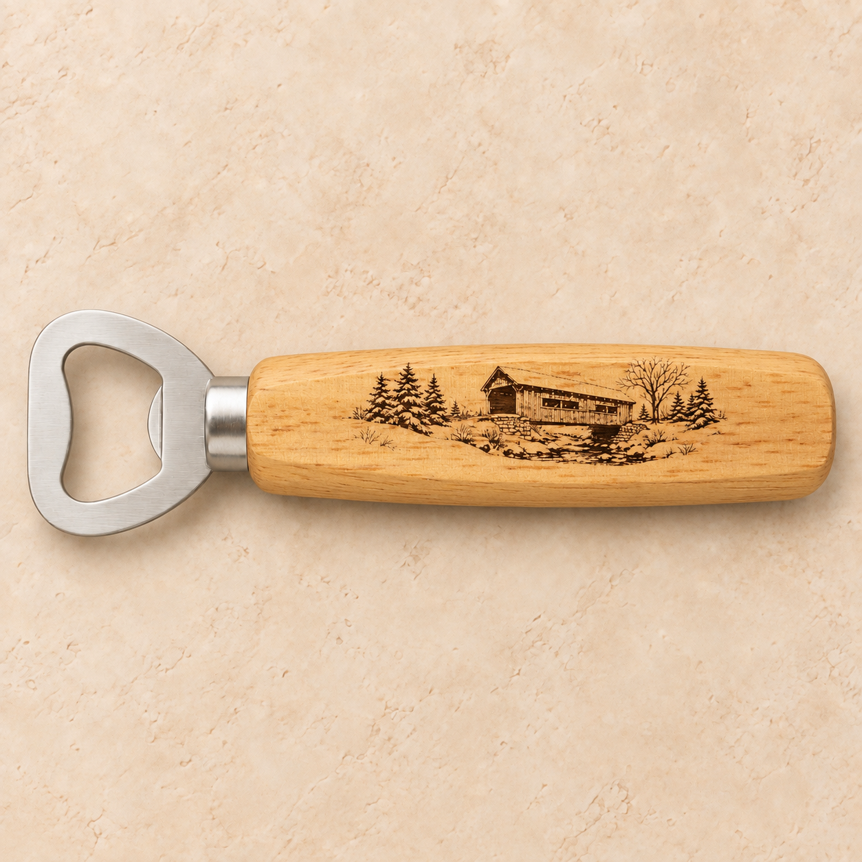 Covered Bridge engraved fall bottle opener gift from 55-7 Custom Works
