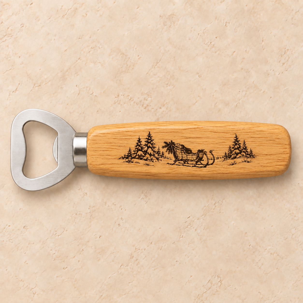 Vintage sleigh engraved winter bottle opener gift from 55-7 Custom Works